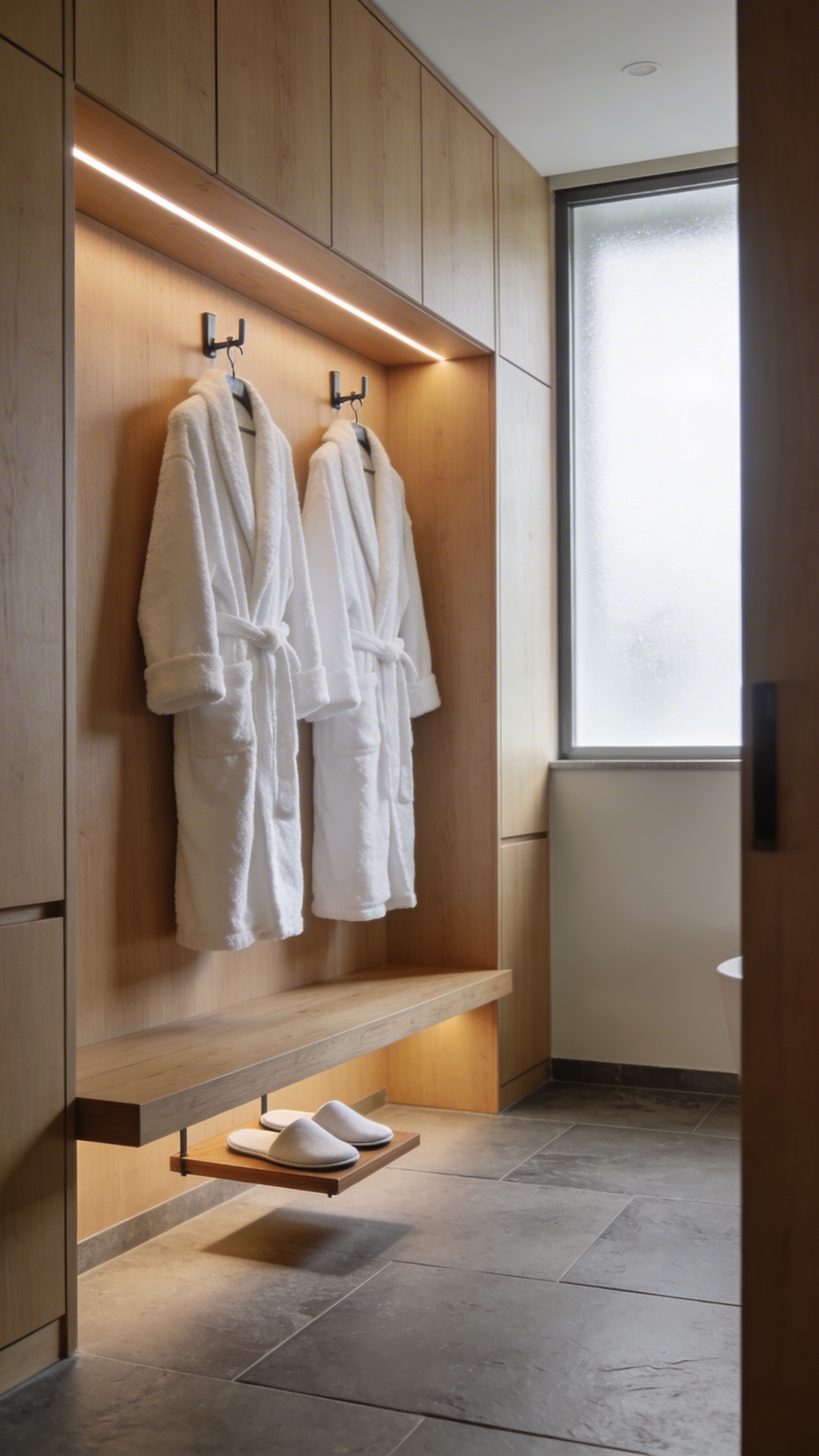 A modern bathroom storage solution featuring a dedicated wooden niche with hanging robes and a raised shelf for slippers to ensure floor hygiene.