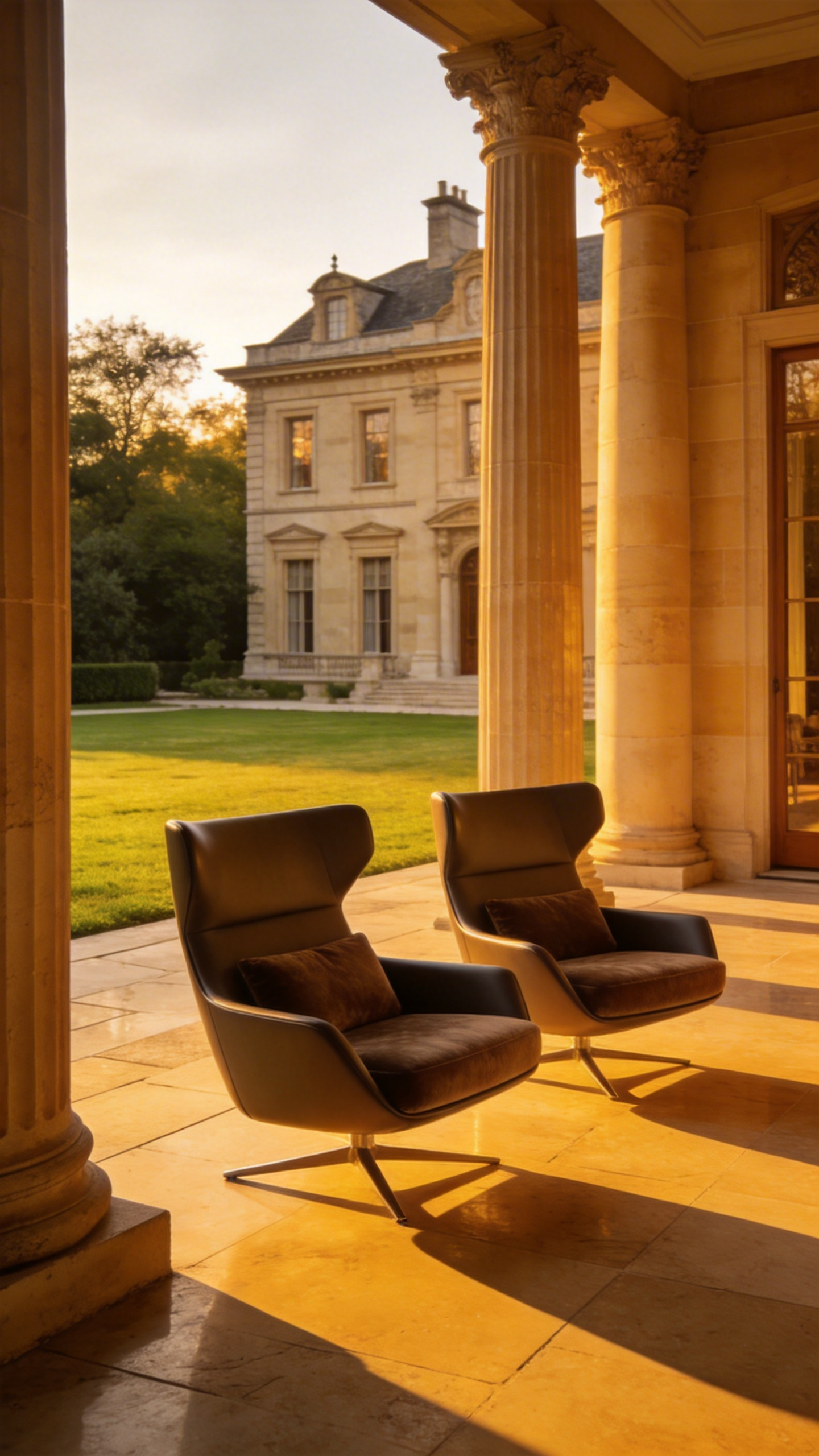A luxurious manor house porch featuring oversized high-back club chairs positioned between grand stone columns in a contemporary classic design.