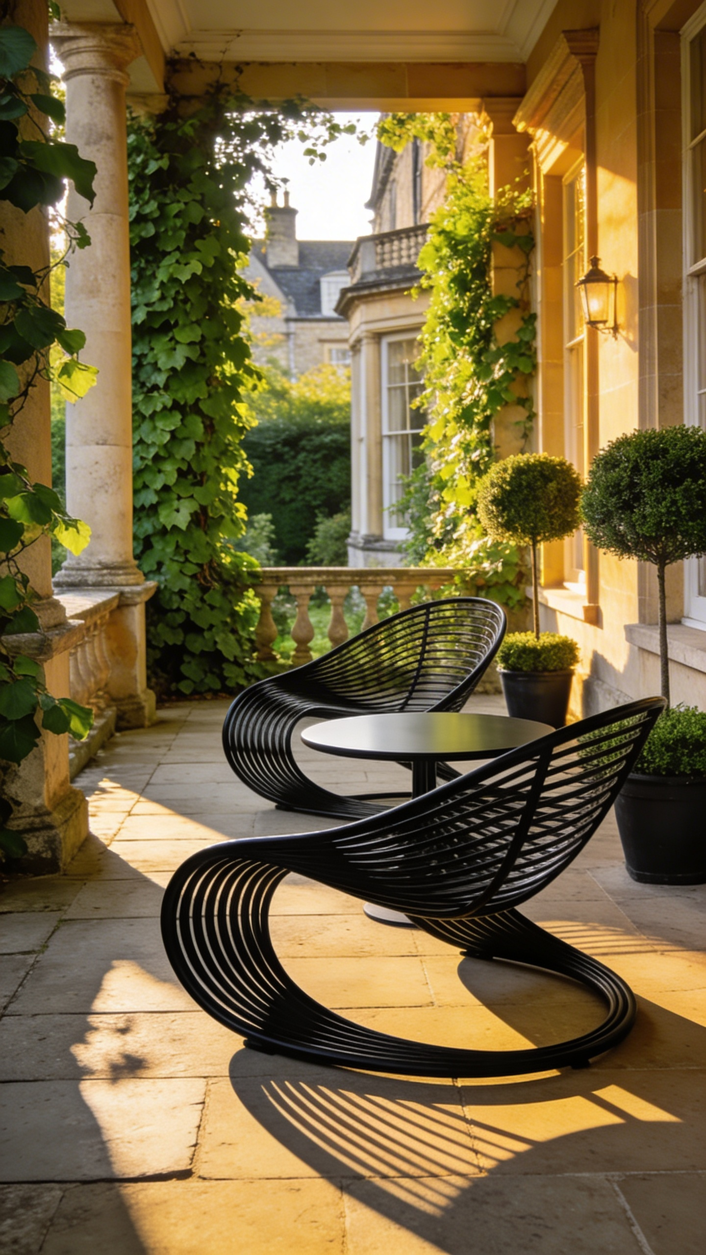Modern minimalist black wrought iron chairs with sweeping curved silhouettes on a classic British stone porch.
