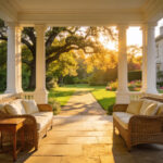 A spacious Edwardian porch featuring vintage wicker furniture and white columns overlooking a lush green garden at sunset.