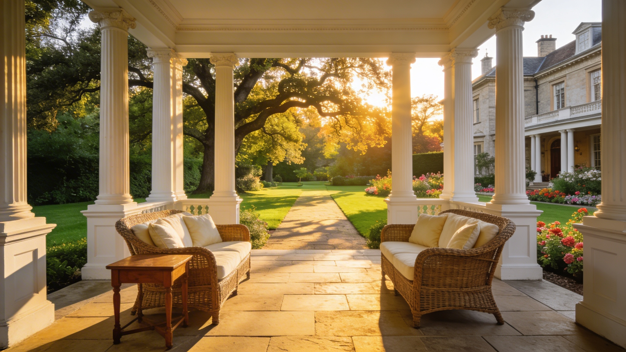 A spacious Edwardian porch featuring vintage wicker furniture and white columns overlooking a lush green garden at sunset.