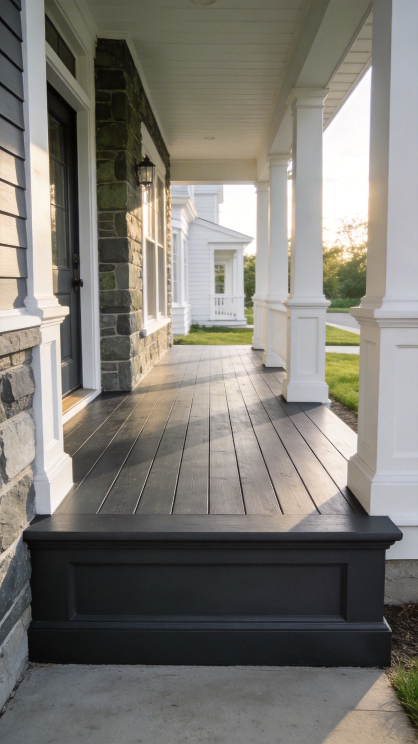 High-quality exterior photo of a porch painted in Estate Grey to create a solid, stone-like appearance.