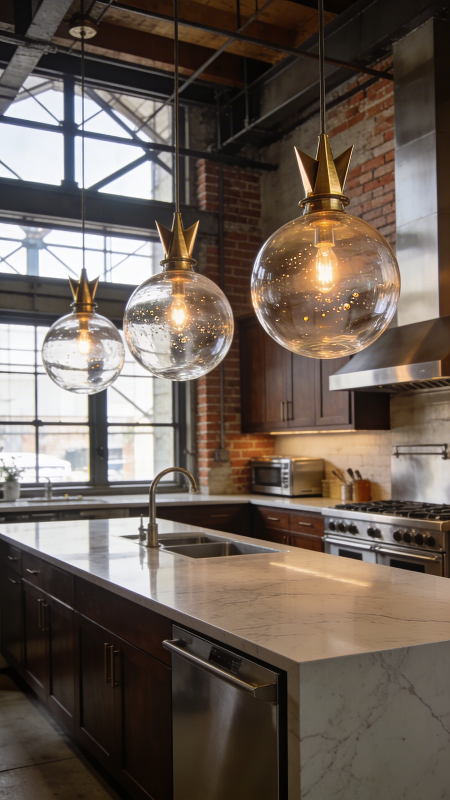 Three hand-blown glass globe pendant lights with machined brass hardware over an industrial kitchen island.
