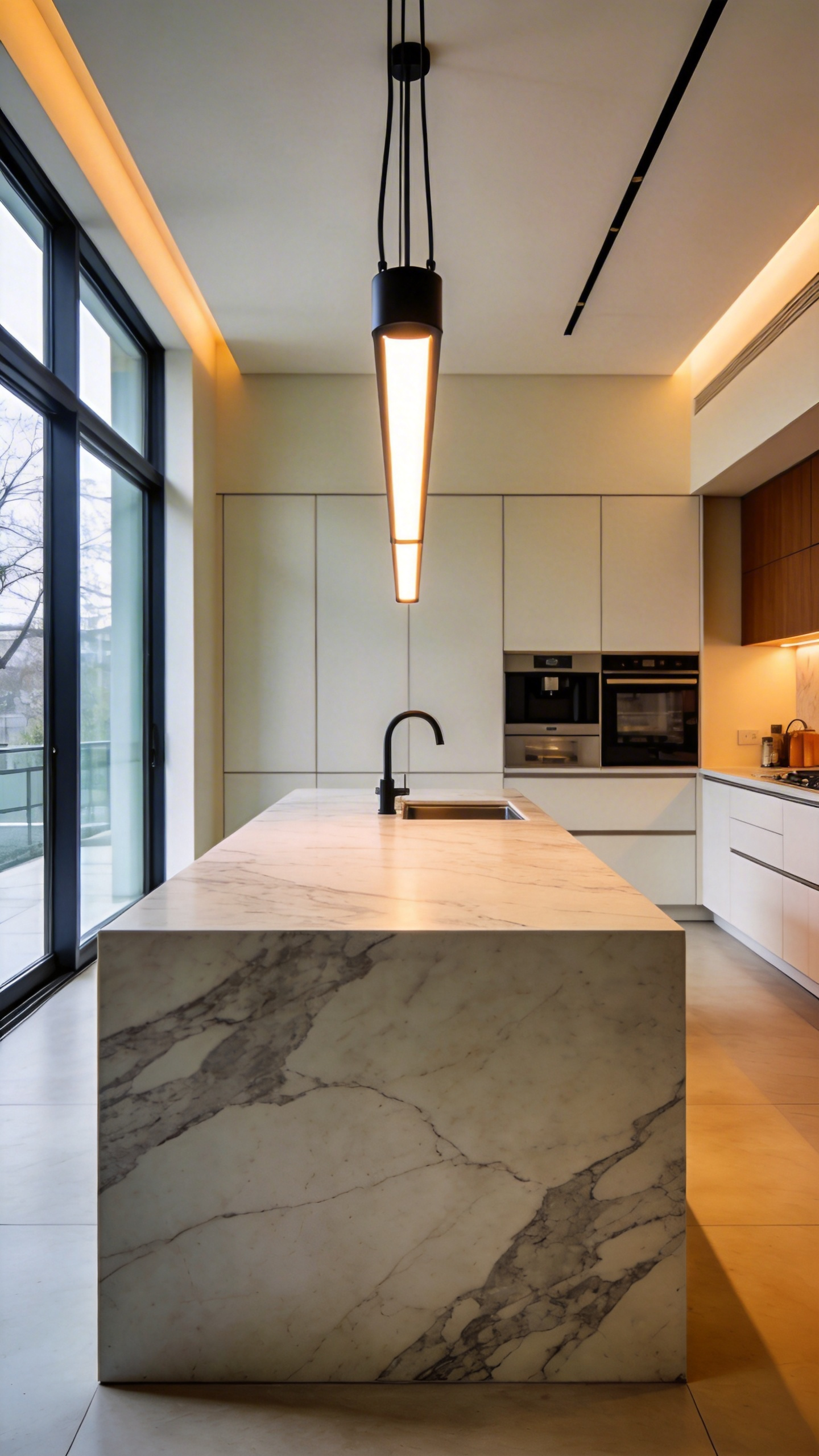 A modern industrial linear suspension light fixture hanging over a large white marble kitchen island in a contemporary home.