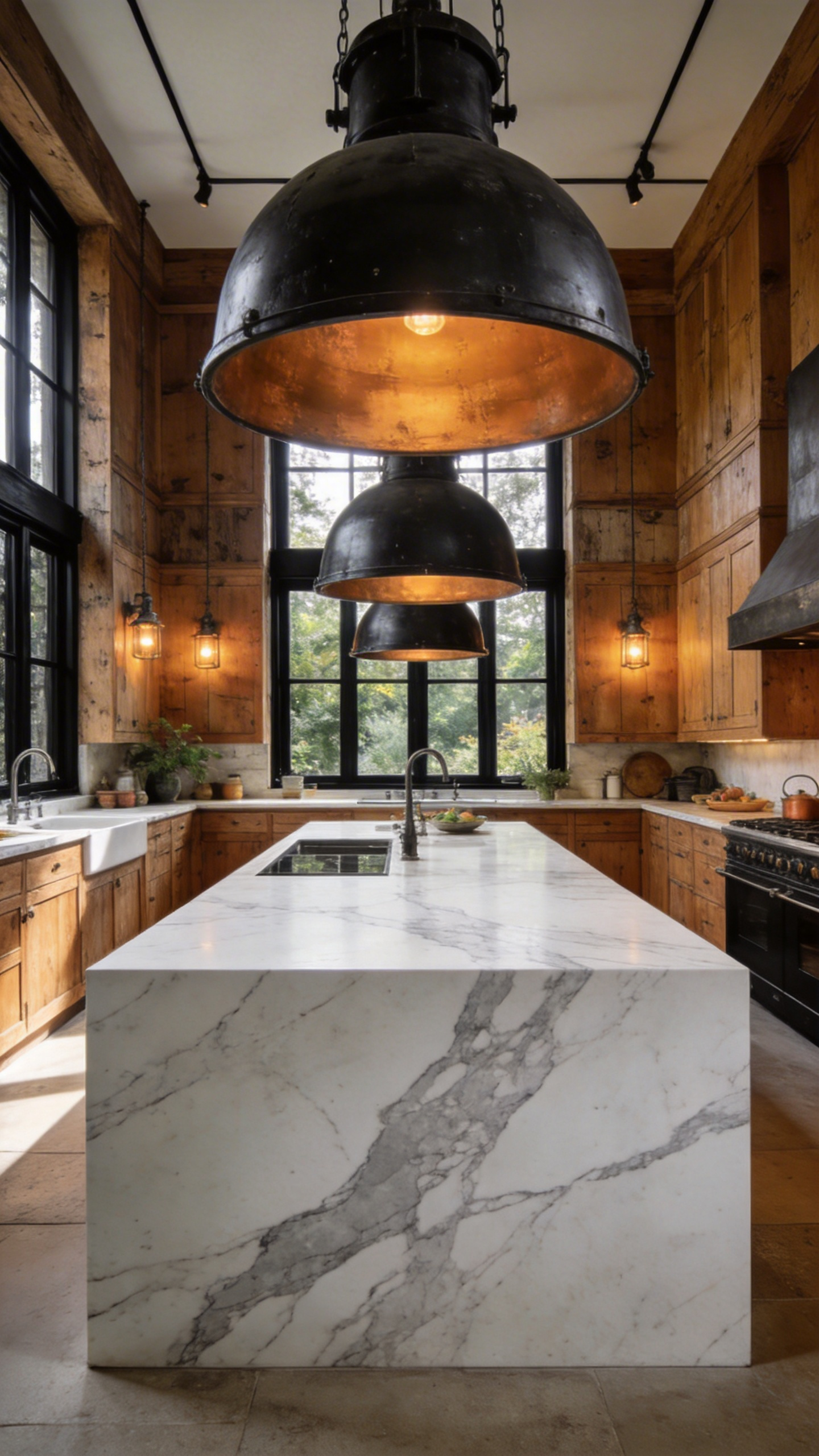 Three black industrial kitchen lights hanging over a white marble island and heritage oak cabinets in a bright room.