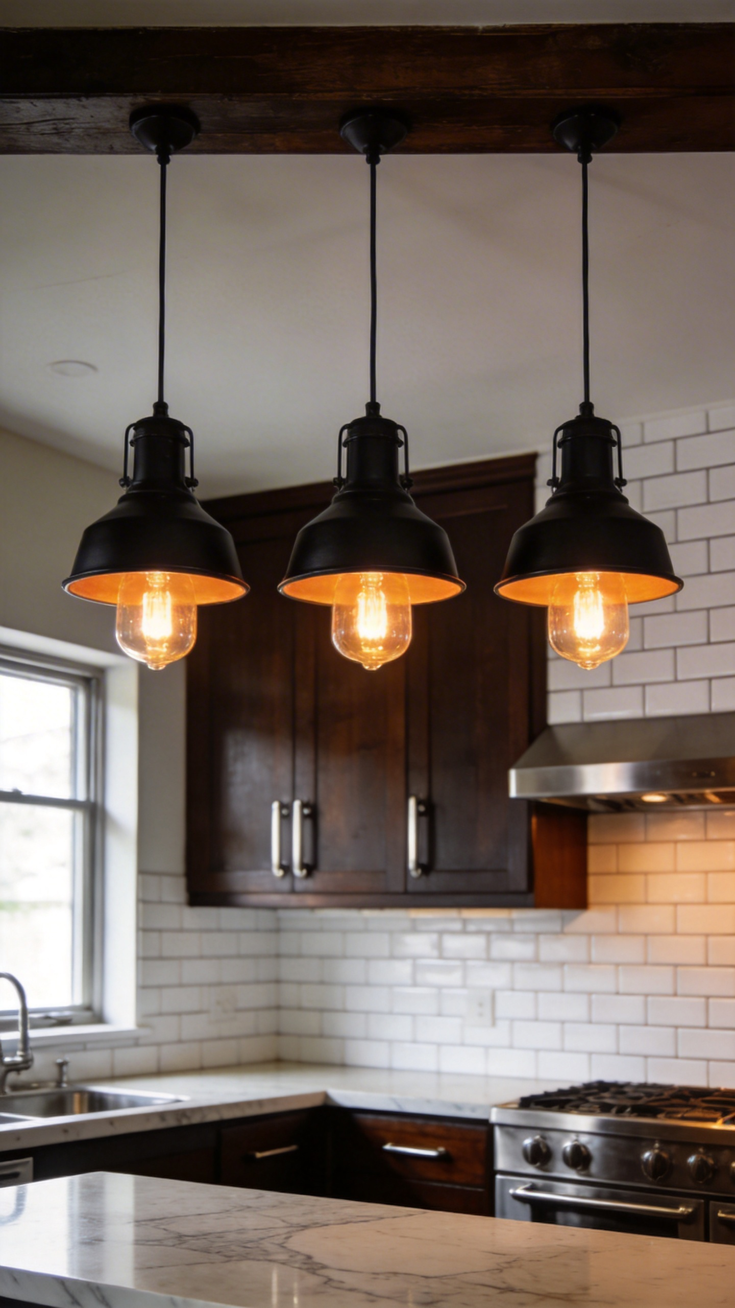 Three industrial kitchen lights hanging in a row over a marble breakfast bar in a modern kitchen.
