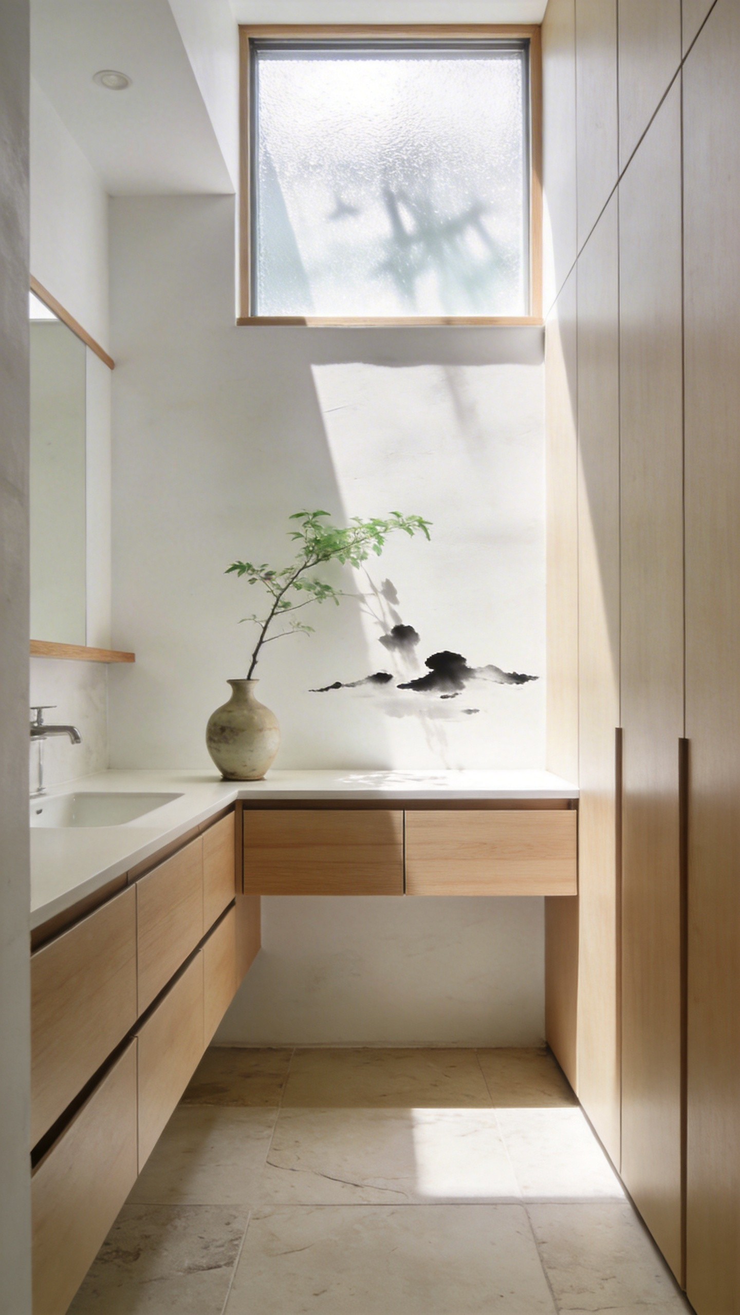 A minimalist small bathroom with light wood accents and white walls illustrating the Japanese concept of empty space and hidden storage.