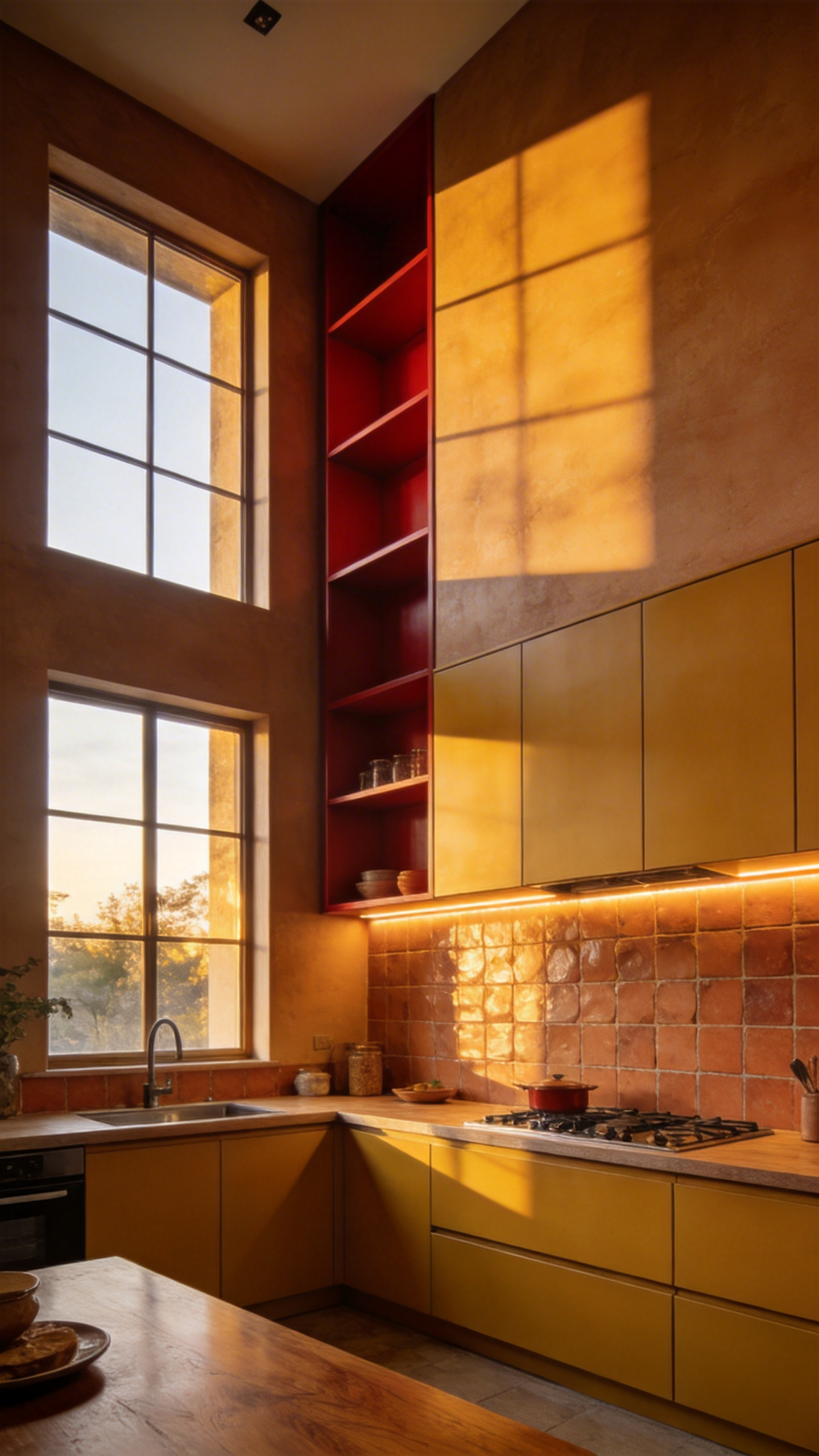 A full view of a modern kitchen designed with warm ochre cabinets and terracotta tiles to stimulate appetite and conversation.