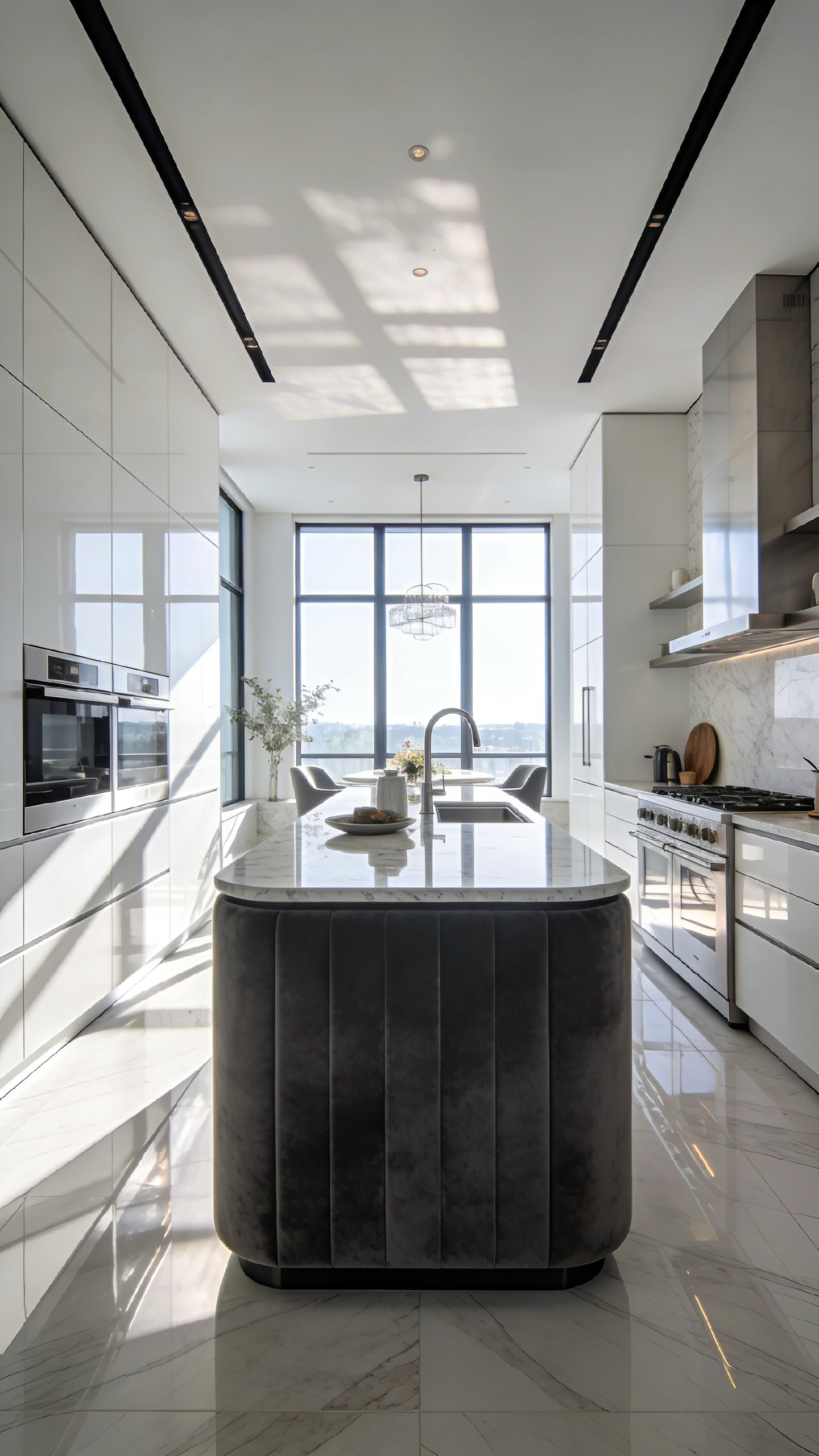 A modern kitchen interior showcasing a combination of matte charcoal and high-gloss white surfaces to demonstrate lifestyle-integrated color design.