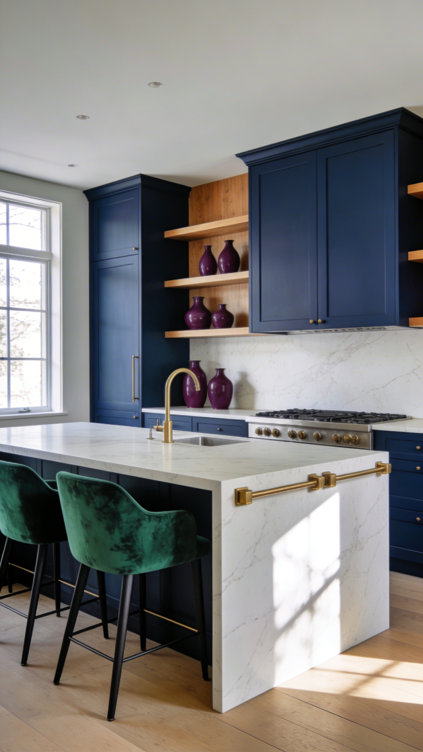 A luxurious kitchen featuring deep indigo cabinetry and forest green accents as a sophisticated alternative to traditional neutral colors.