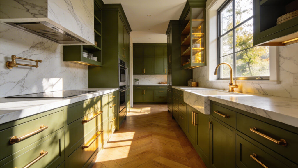 High-end kitchen featuring deep olive green cabinets and white marble island with warm natural lighting.