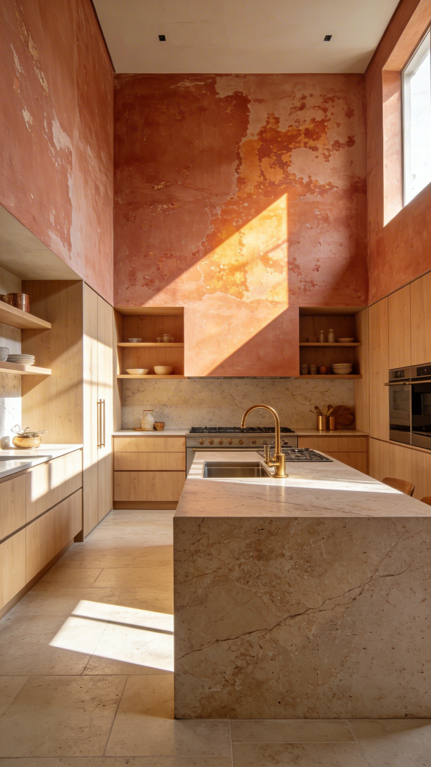A wide shot of a modern kitchen with textured terracotta limewash walls, light wood cabinets, and stone surfaces reflecting natural light.