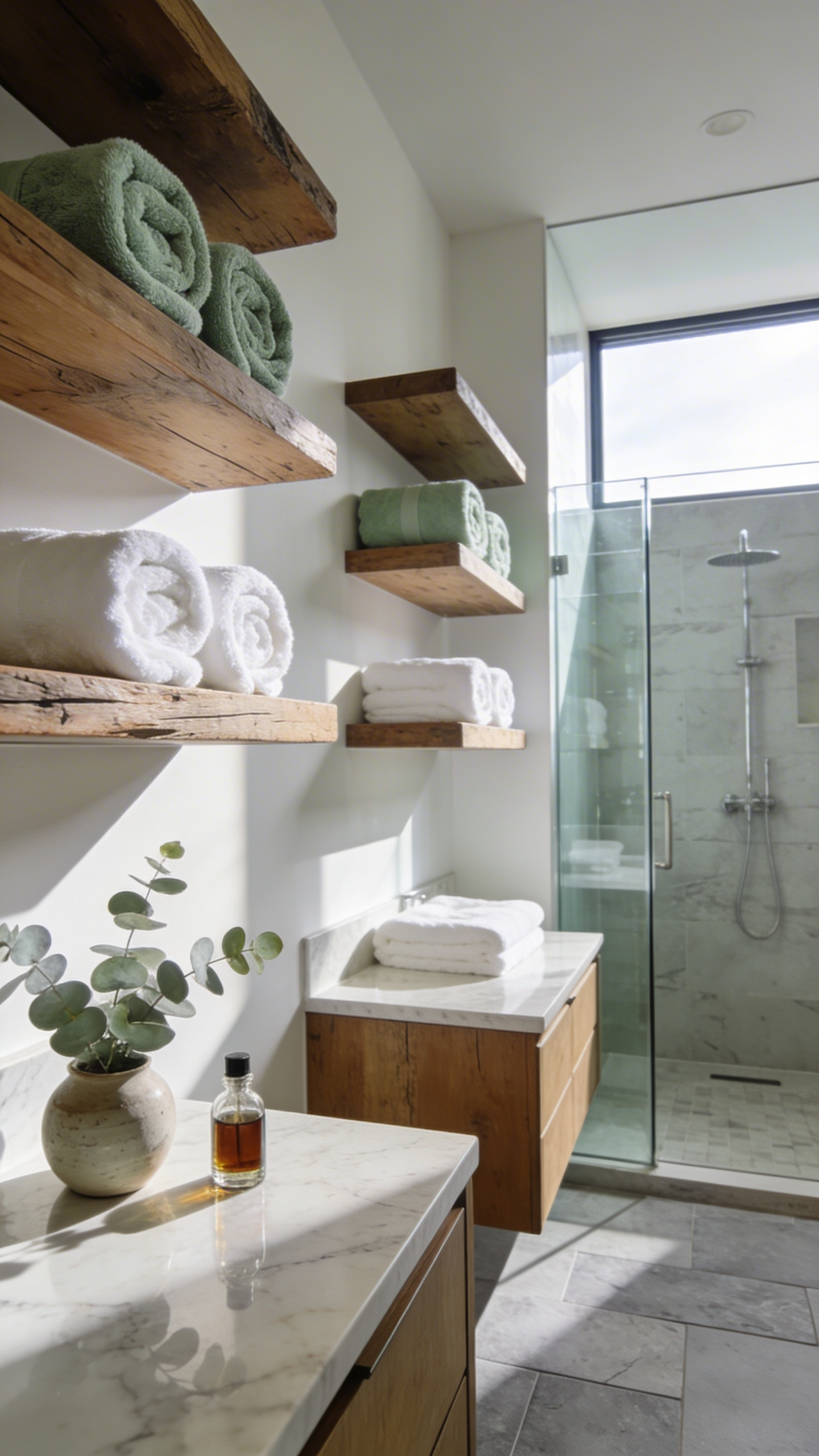 Neatly rolled white and green towels organized on open wooden shelves in a bright, modern spa-like bathroom.