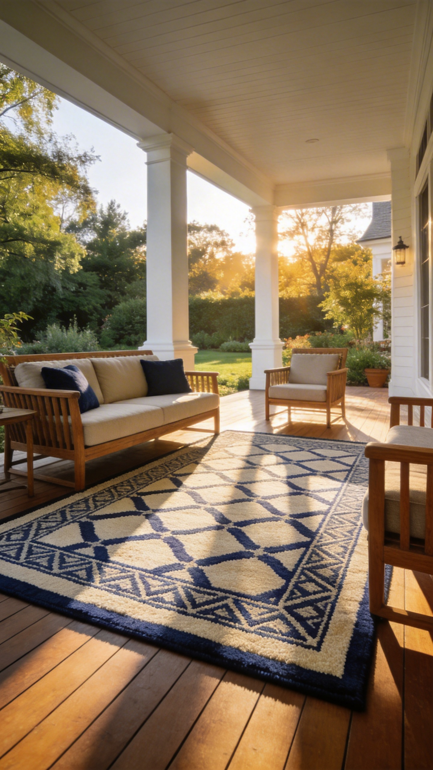 A stylishly furnished covered porch featuring a large decorative weatherproof rug and high-end outdoor seating.