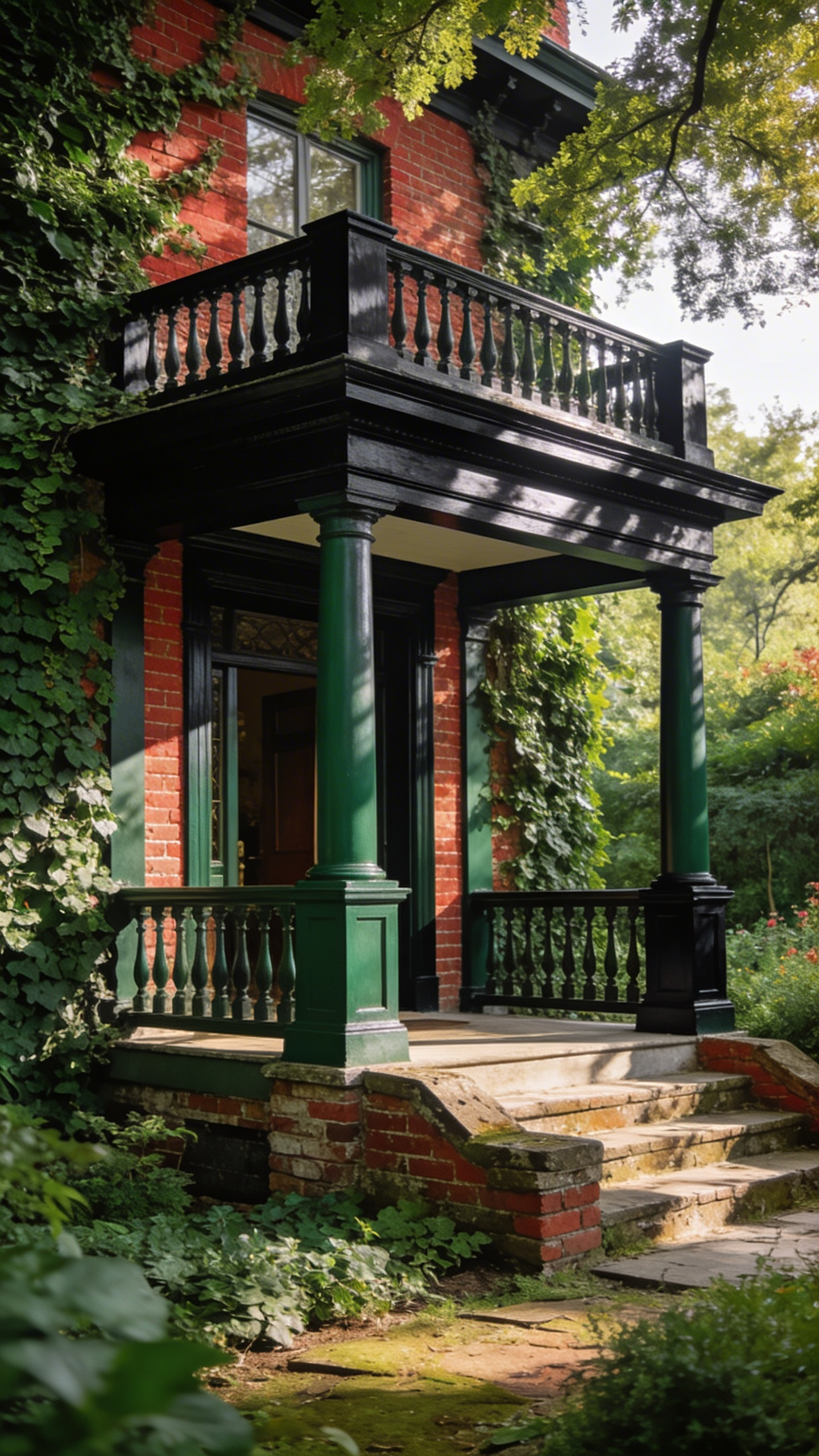A red brick manor house porch with dark forest green railings and trim surrounded by climbing ivy and a lush garden.