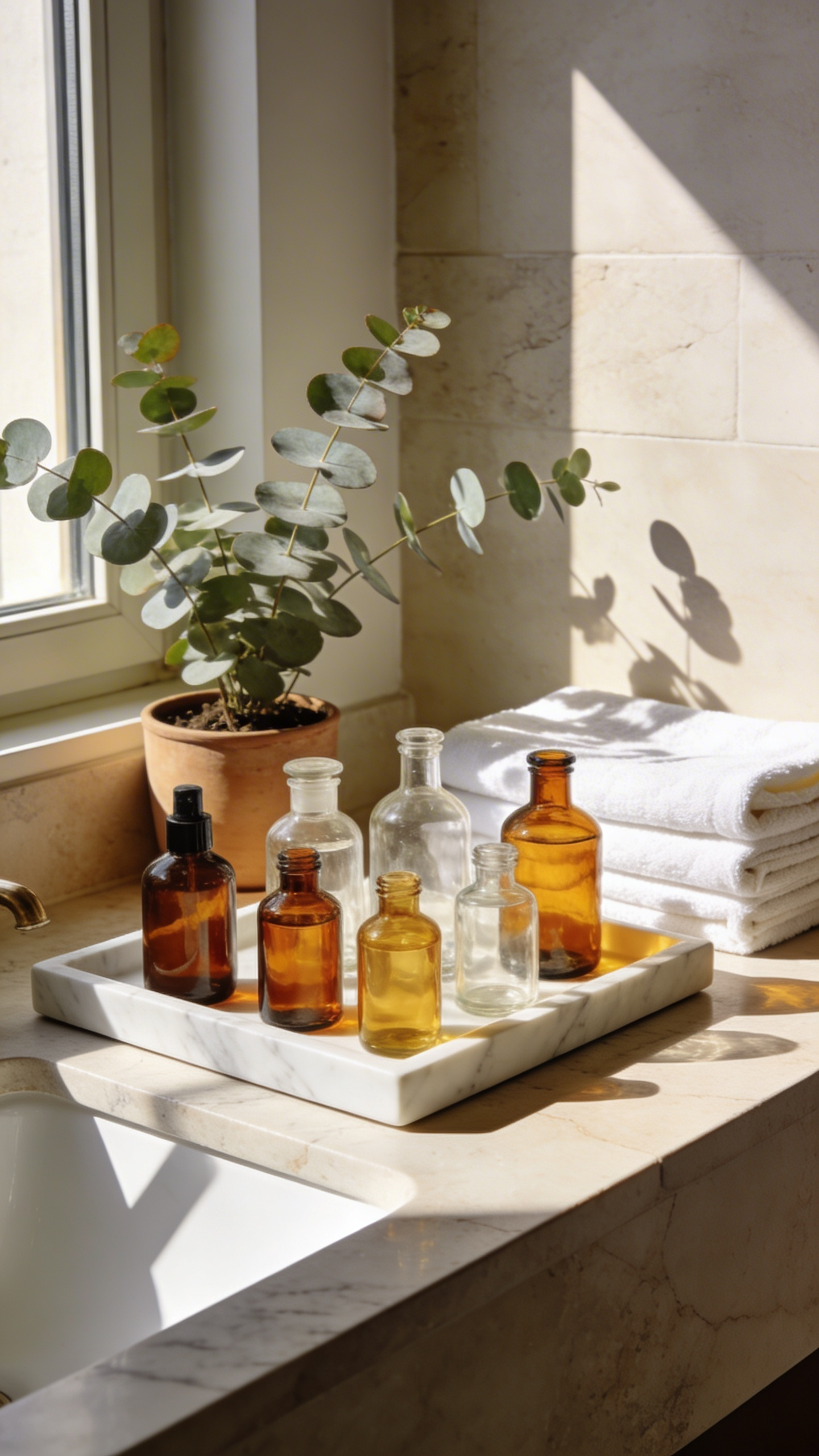 A serene and organized bathroom vanity featuring uniform glass bottles without labels on a marble tray.