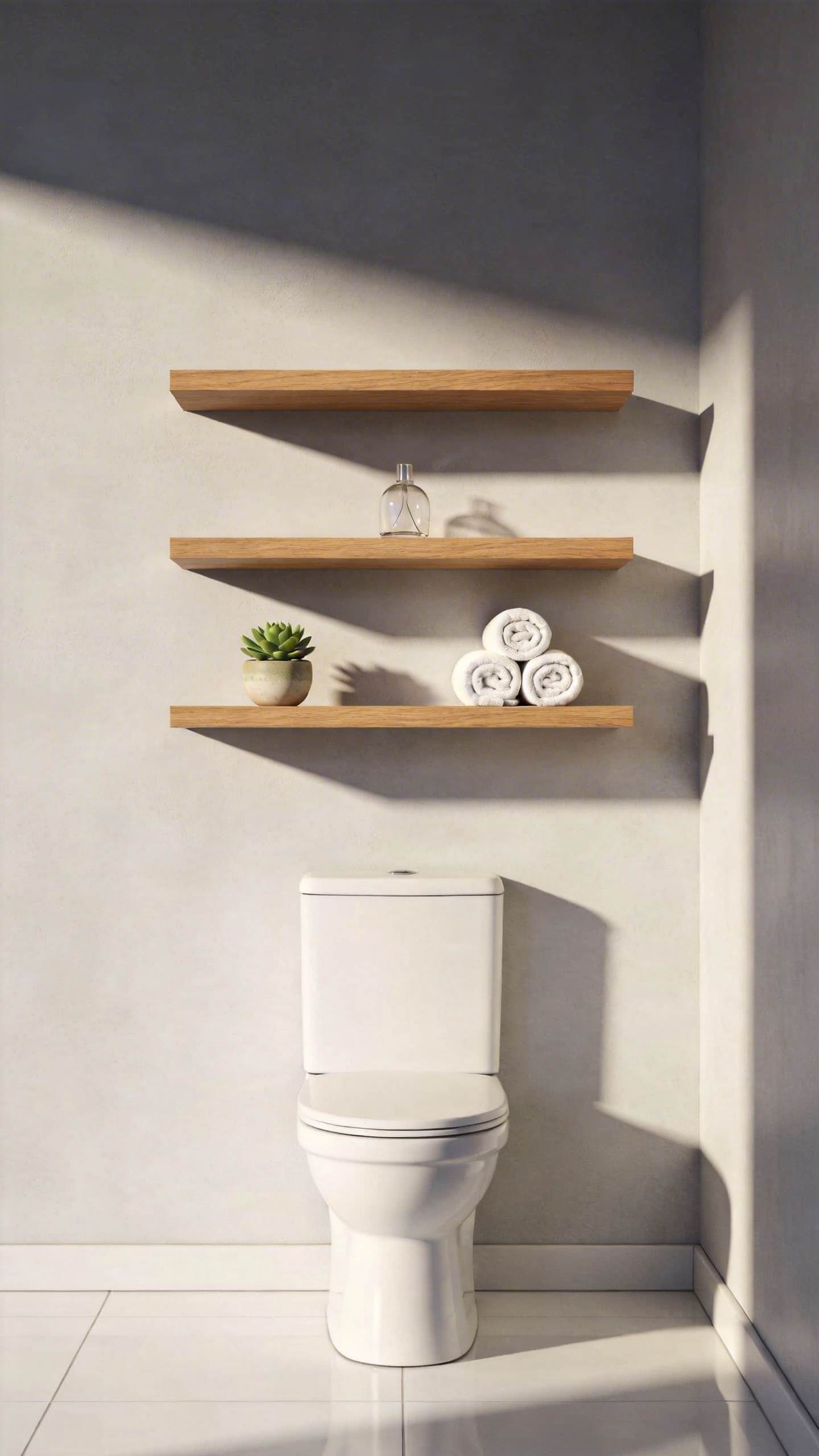 Minimalist bathroom storage solutions featuring floating oak shelves centered over a modern toilet for a symmetrical and spacious look.