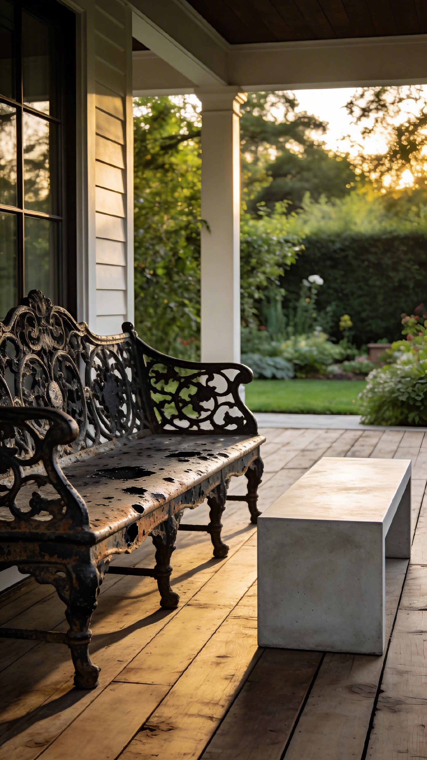 A designer porch featuring a weathered vintage wrought iron bench paired with a sleek modern concrete table to create a mixed-era aesthetic.
