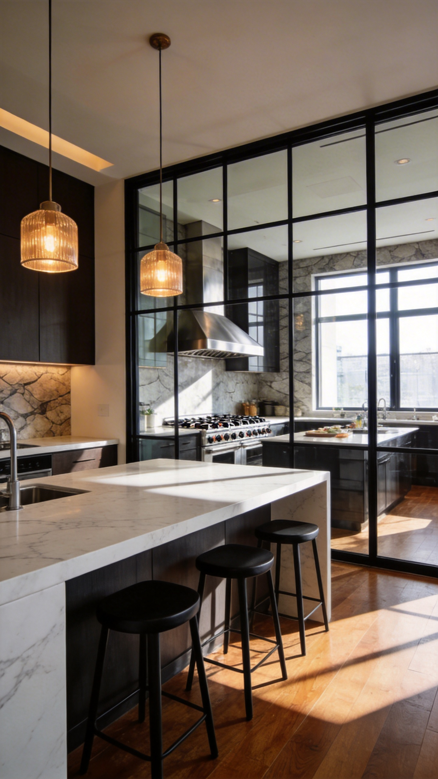 A spacious modern kitchen featuring a pristine dry kitchen island in the foreground and a separate glass-enclosed wet kitchen for heavy cooking in the background.