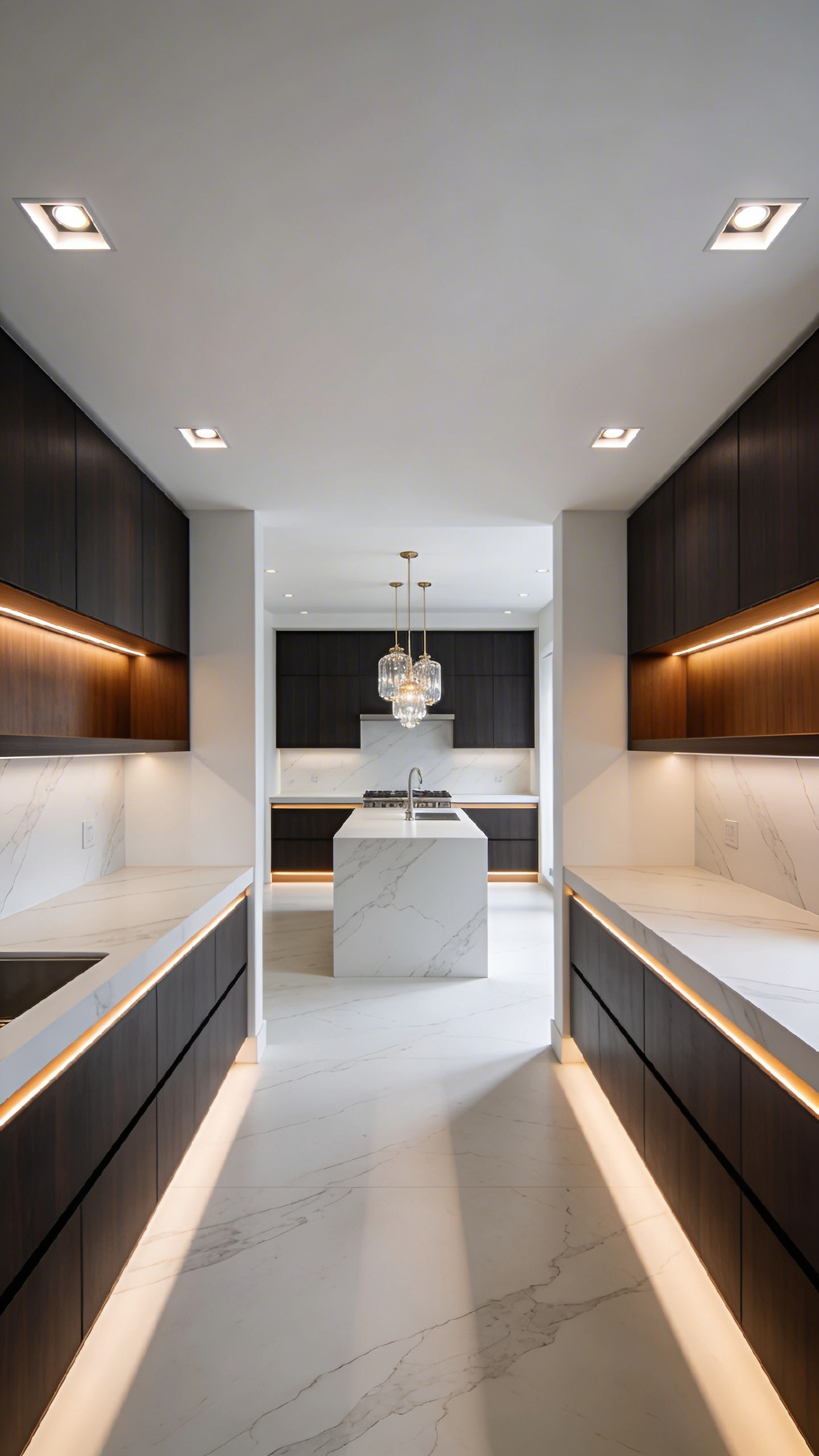 A professionally lit modern kitchen with architectural task lighting fixtures positioned over the countertop edges and elegant pendant lights.