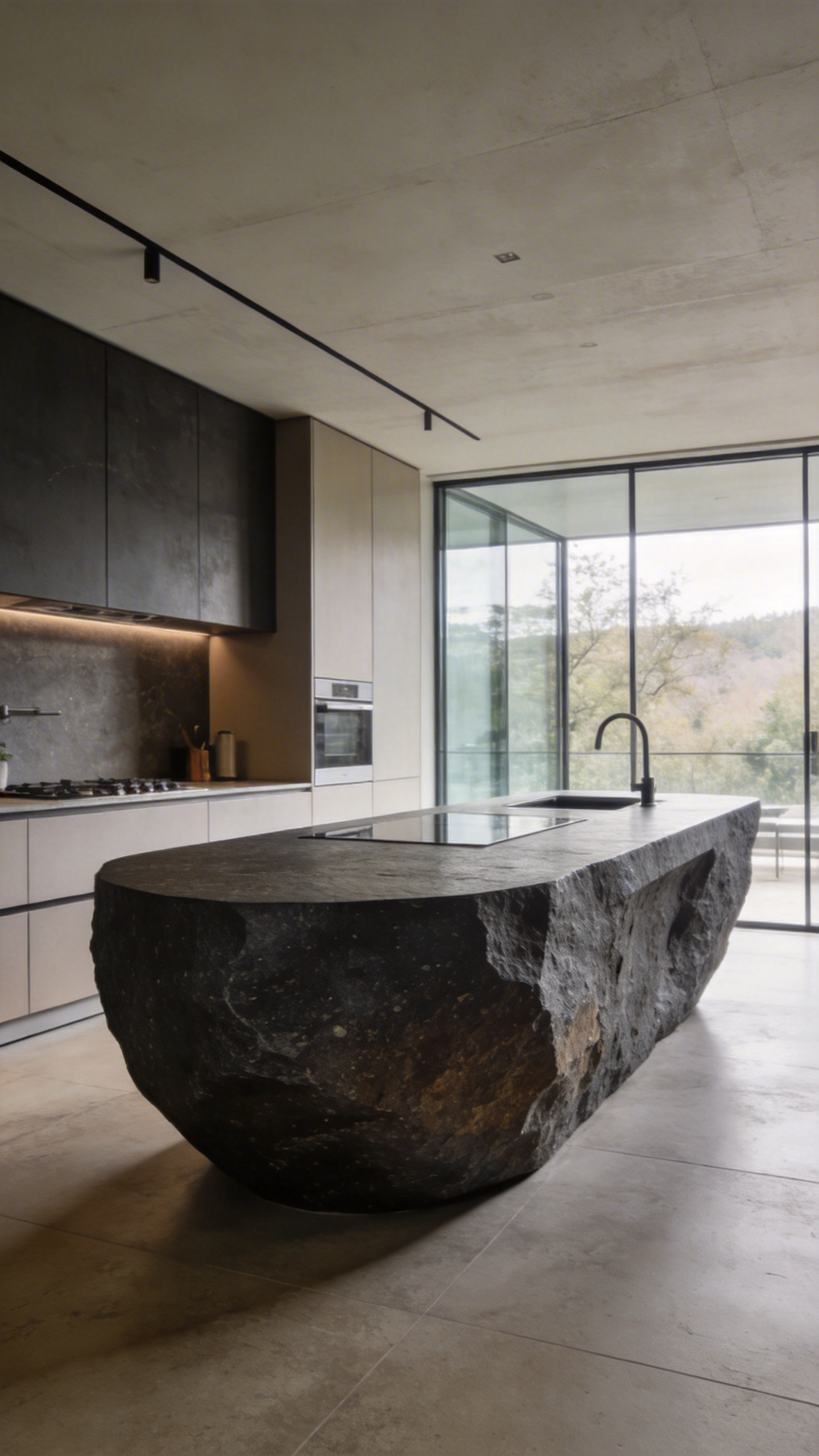 A massive dark stone monolithic kitchen island acting as a central architectural sculpture in a minimalist modern kitchen.