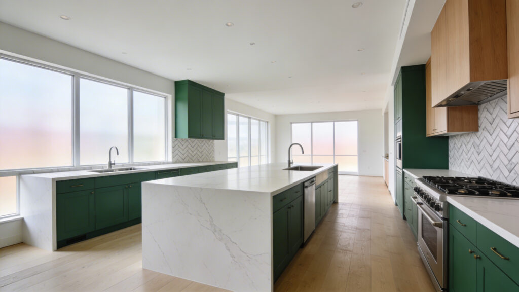 A bright and spacious modern kitchen renovation showcasing a multi-zone layout with a large island and contemporary finishes.