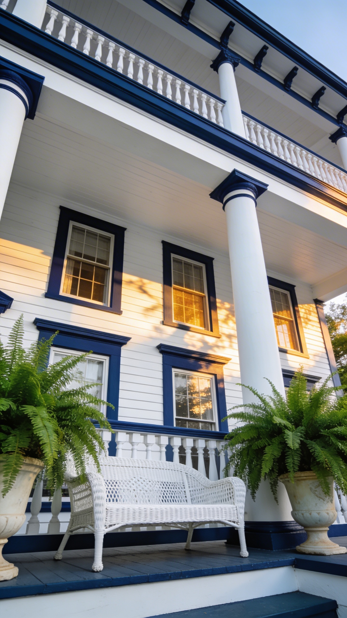 A classic white front porch with navy blue trim on railings and columns, creating a formal and grounded architectural look.