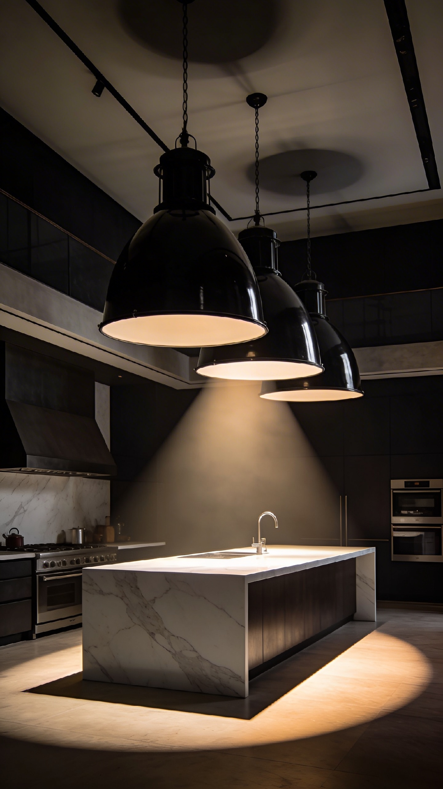 Three large black enamel dome industrial kitchen lights hanging over a marble island with dramatic downlighting and shadowed ceilings.