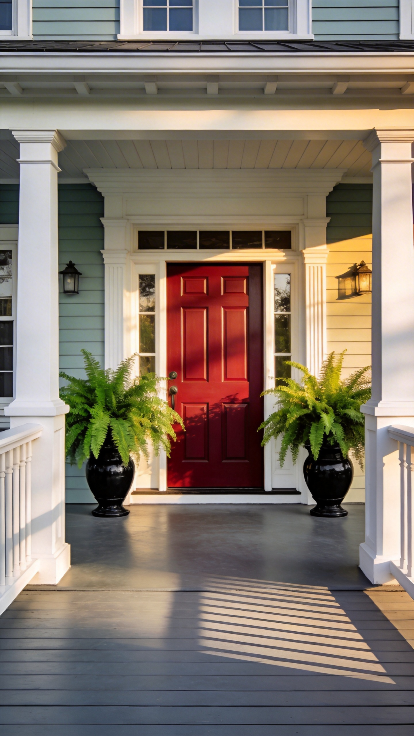 A front porch featuring a bold red door contrasted against light gray siding and a neutral slate gray painted floor.