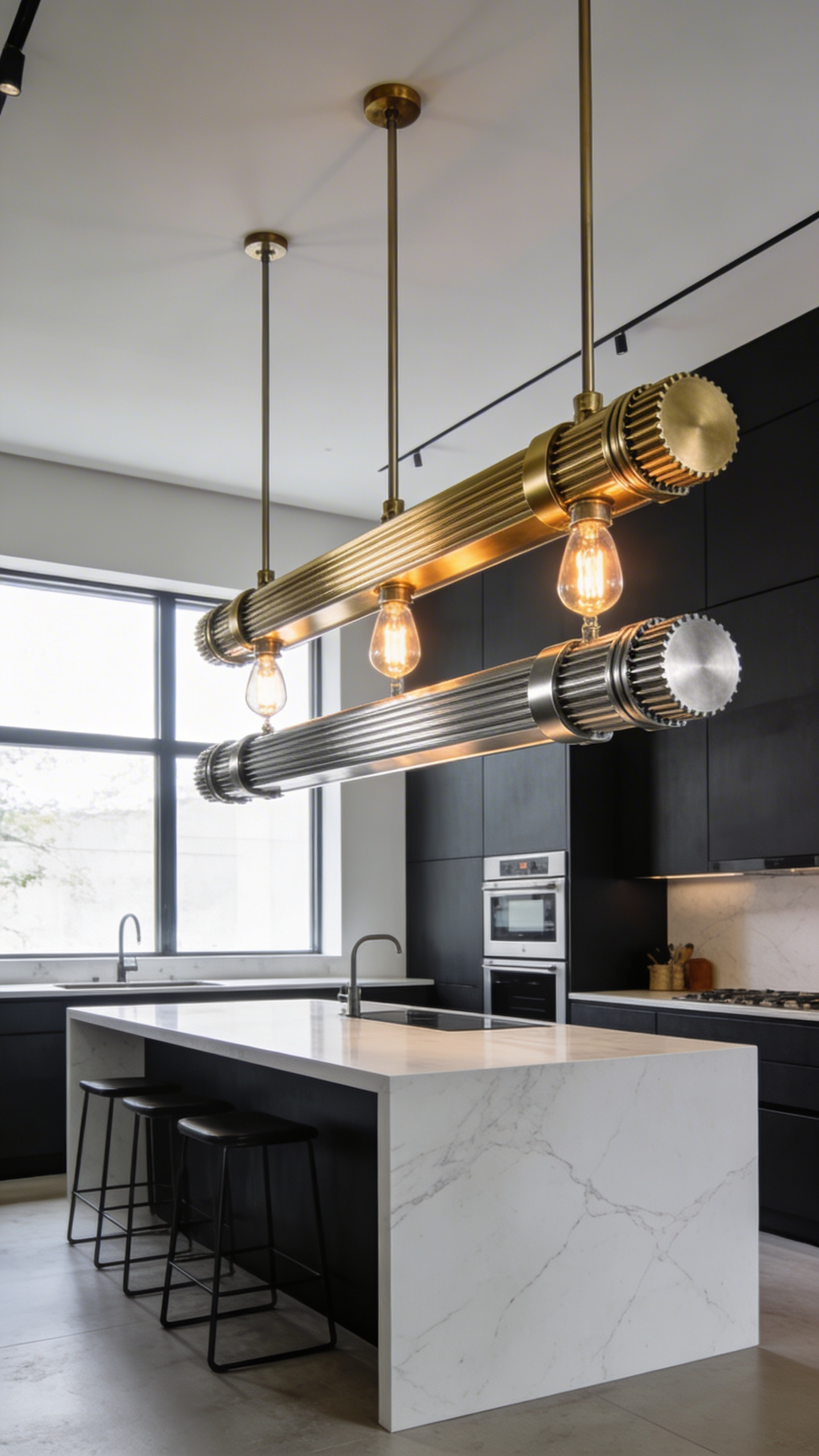 A luxury kitchen interior featuring refined industrial pendant lights made of solid brass and machined steel hanging over a marble island.