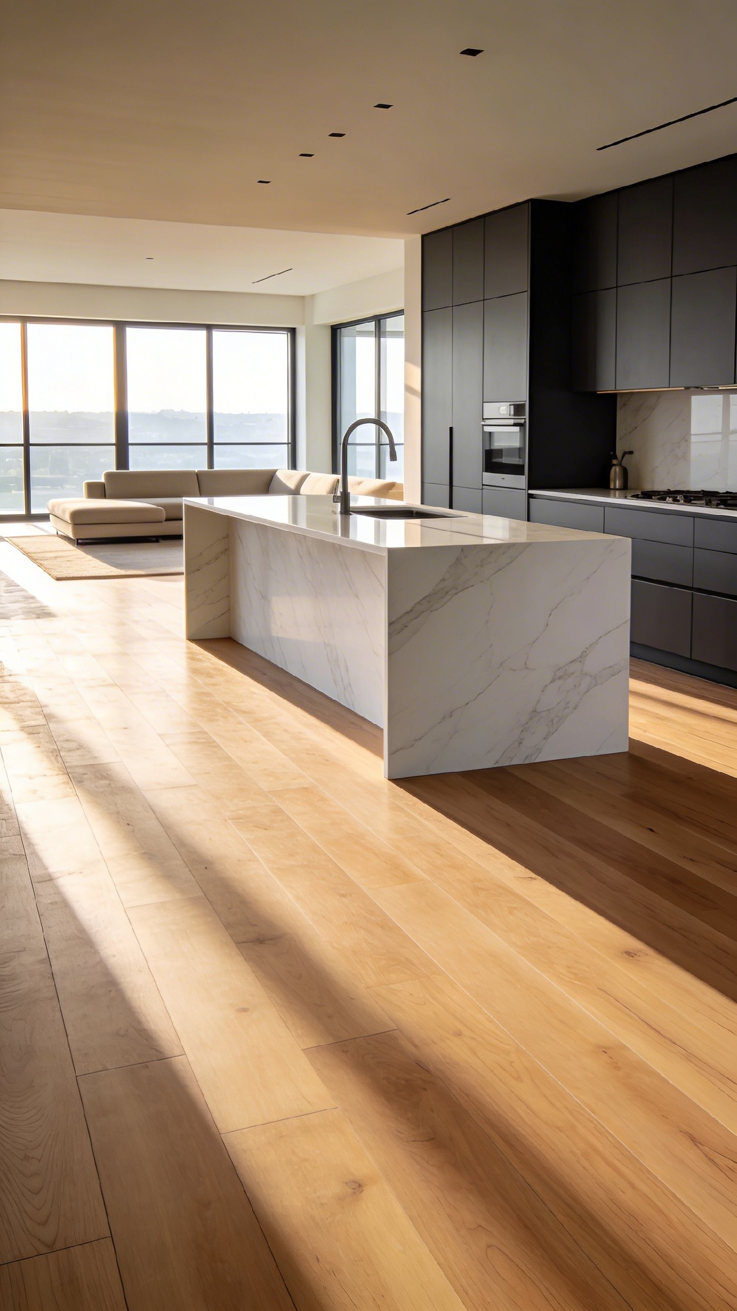 A modern open-plan home featuring continuous light wood flooring connecting a sleek kitchen with a minimalist living room.