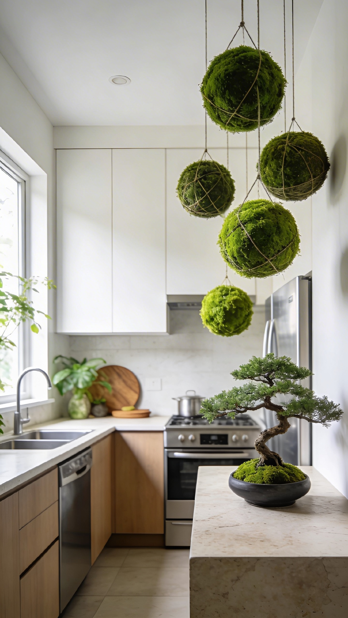 A modern small kitchen decorated with hanging kokedama moss balls and a bonsai tree on a stone counter to bring life and balance to the space.
