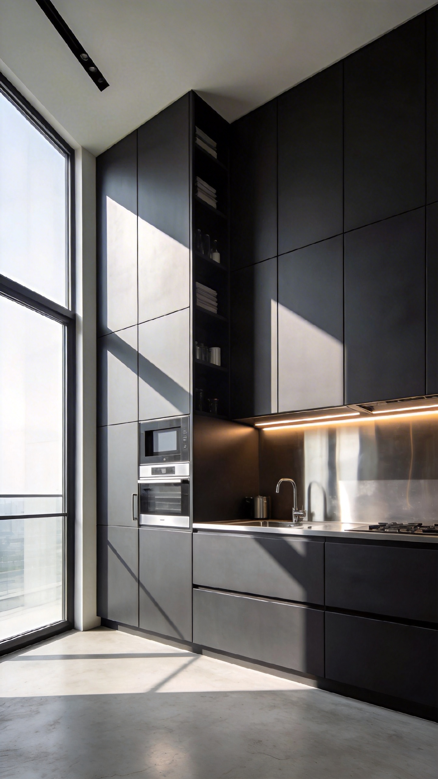 A modern small kitchen featuring architectural spatial design with integrated matte cabinetry and bright natural lighting.