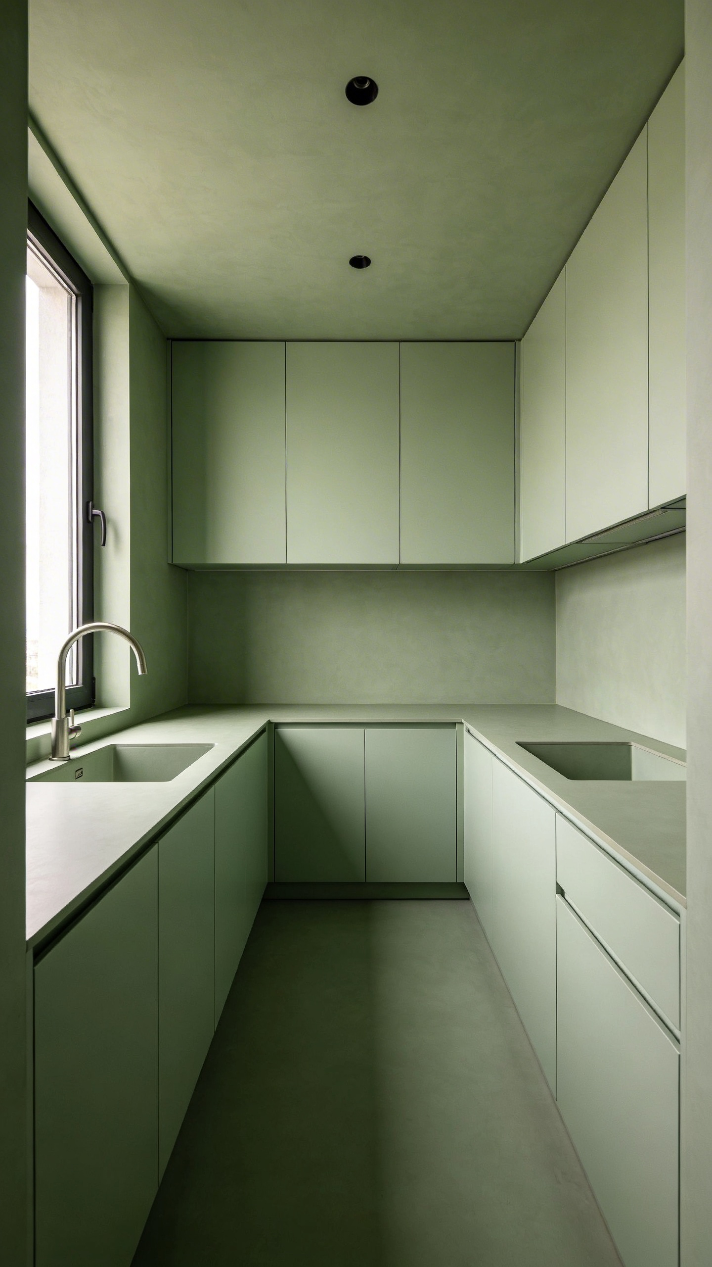 A small kitchen featuring a monochromatic sage green color drenching design to make the space feel larger and more cohesive.