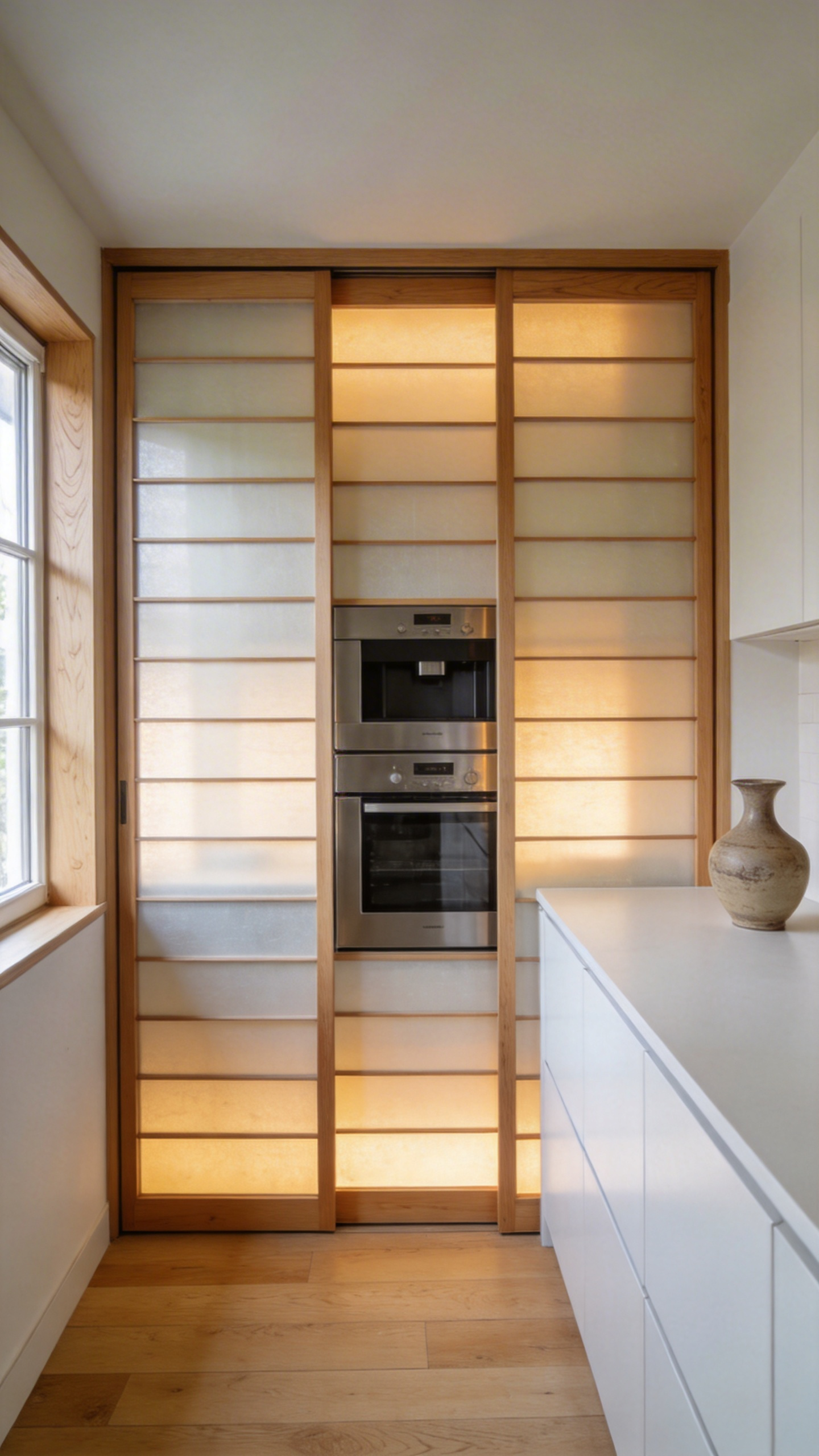 A minimalist small kitchen featuring translucent Shoji-style sliding panels that hide modern appliances to create a serene and clutter-free living space.