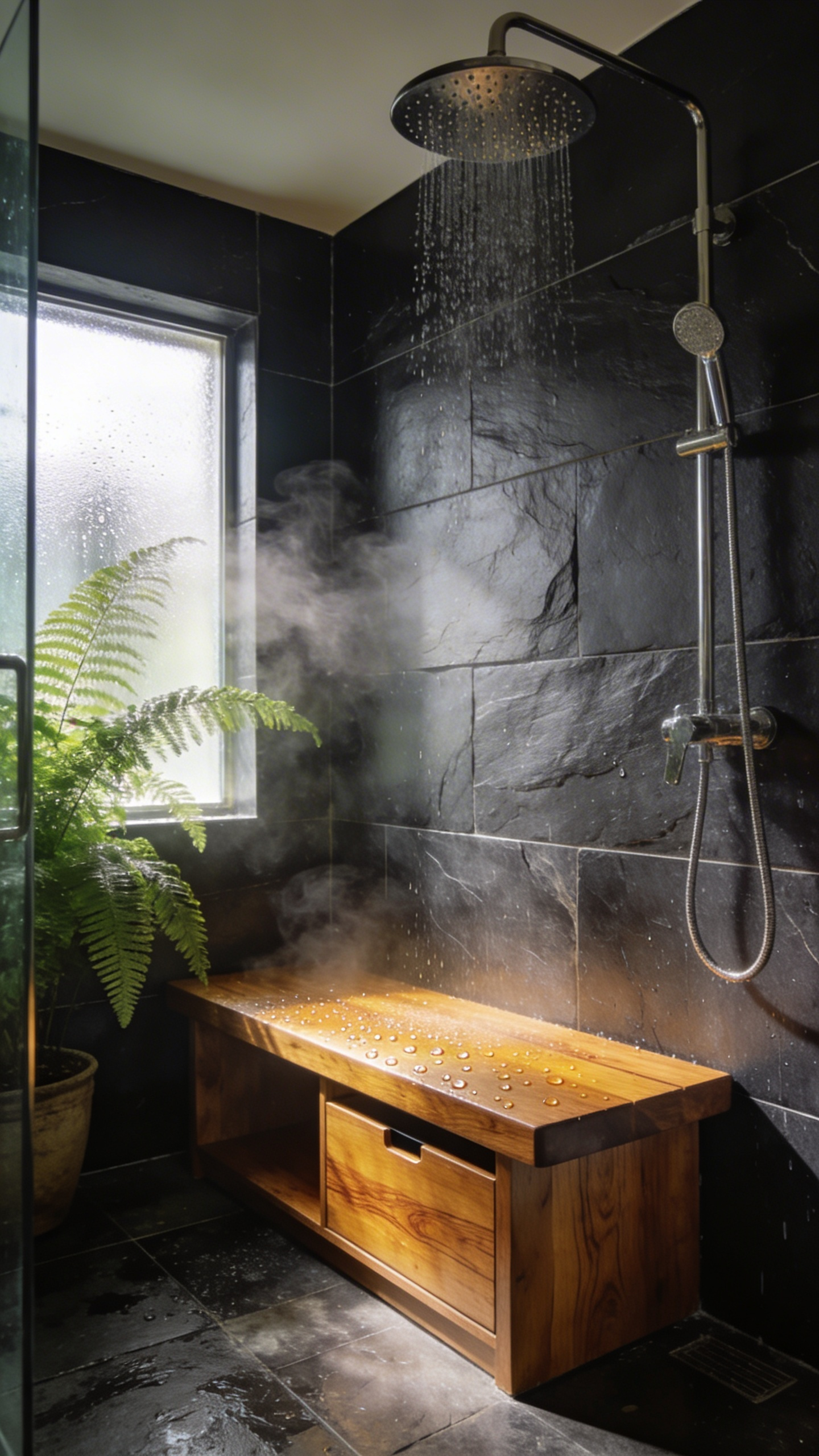 A luxurious walk-in shower featuring a Grade-A teak bench with integrated hidden storage against dark gray stone tiles.