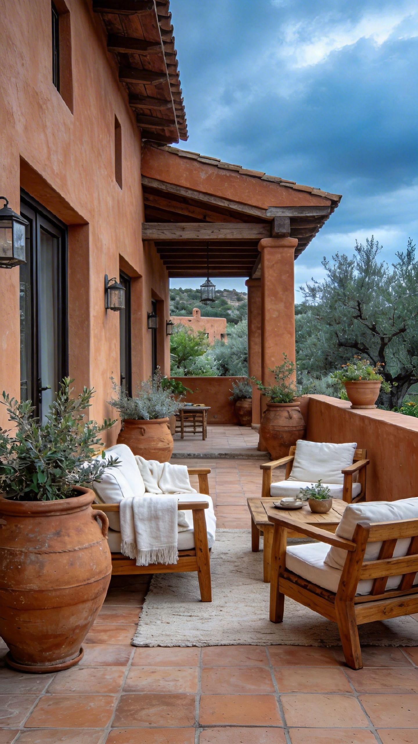 A full view of a home porch painted in warm baked clay and terracotta tones to create a cozy atmosphere under cool northern light.