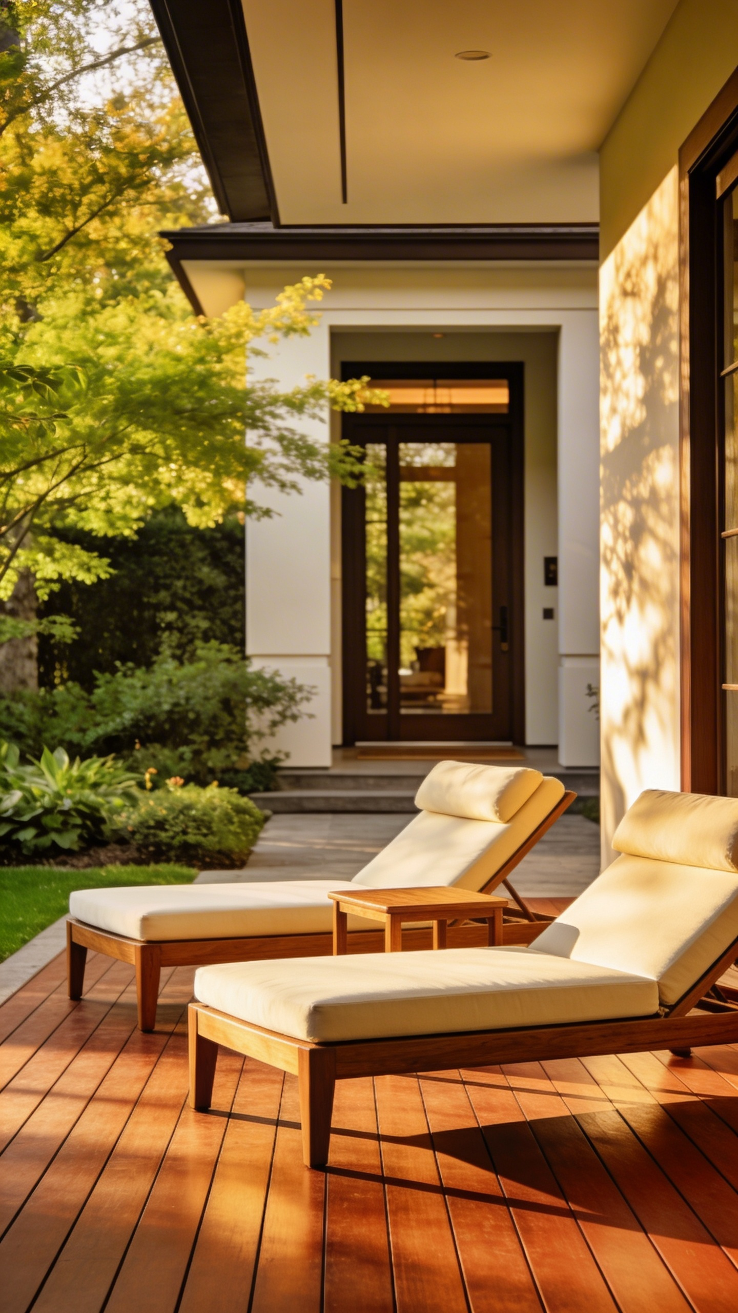 A peaceful front porch featuring low-slung wooden lounge chairs and a side table arranged as a transitional relaxation area between the outdoors and the home.