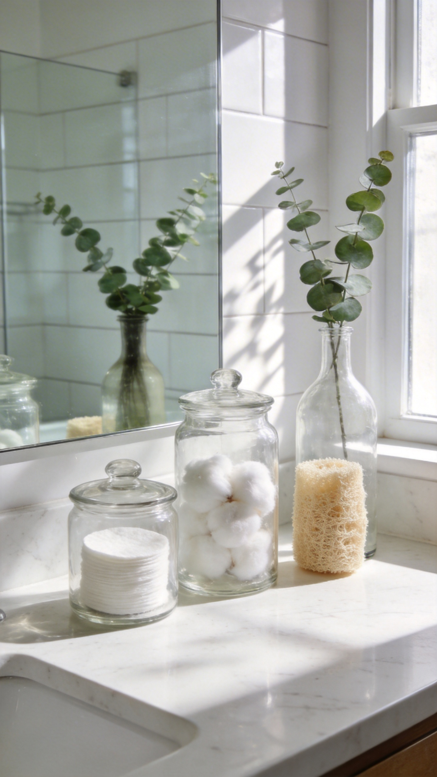 High-end bathroom vanity featuring transparent glass storage containers on a white countertop with bright natural lighting.