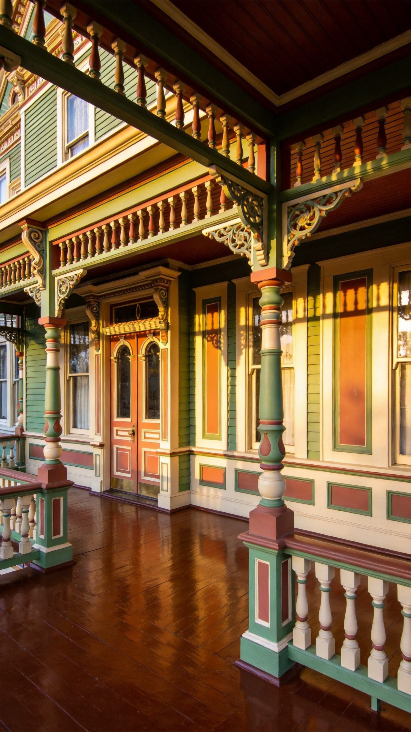A vibrant Victorian porch with intricate multi-colored millwork and a dark brown painted floor showcasing historical polychromy paint ideas.