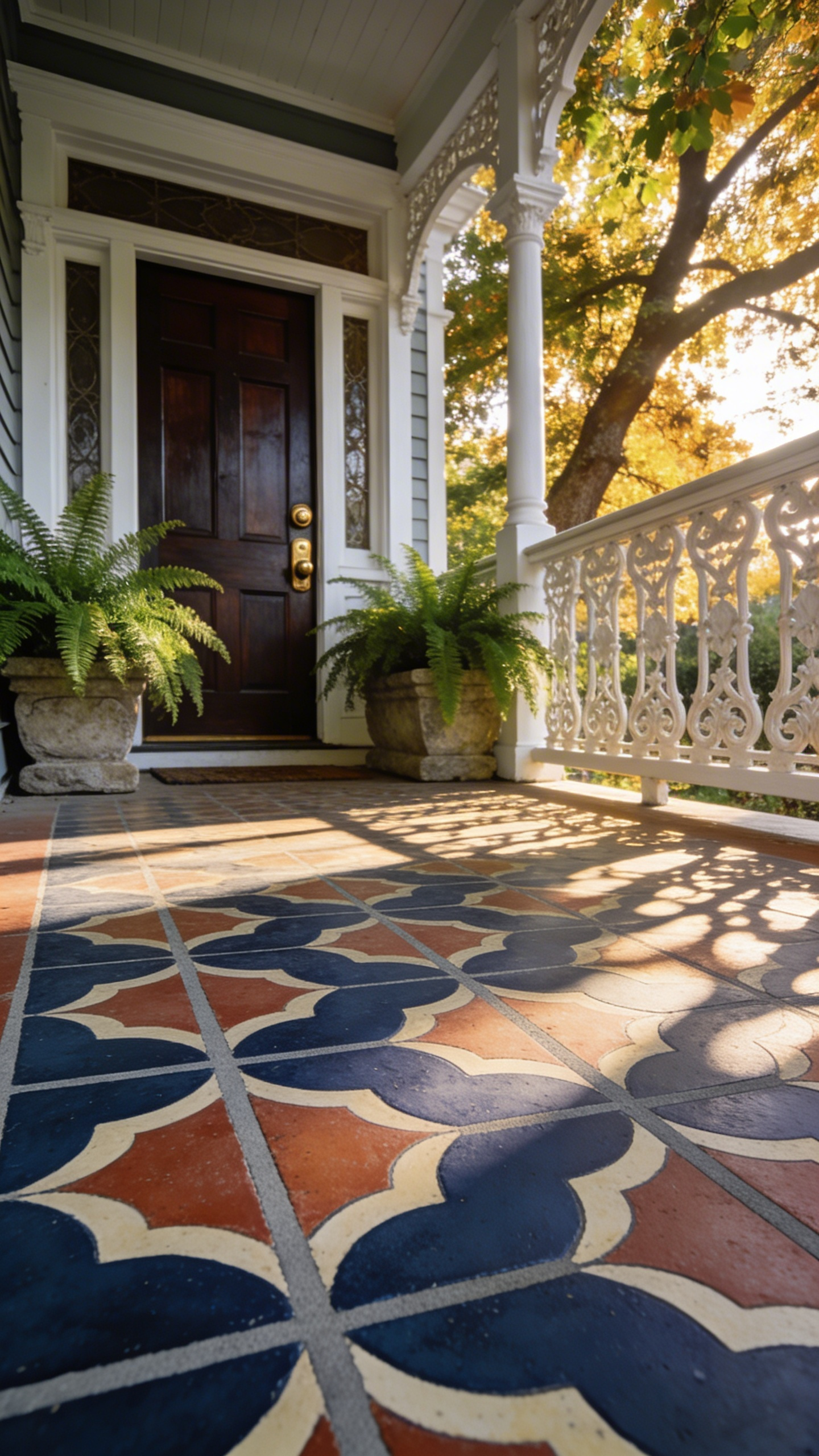 A wide-angle view of a Victorian porch featuring a stenciled concrete floor that mimics luxury encaustic tiles in navy and terracotta.