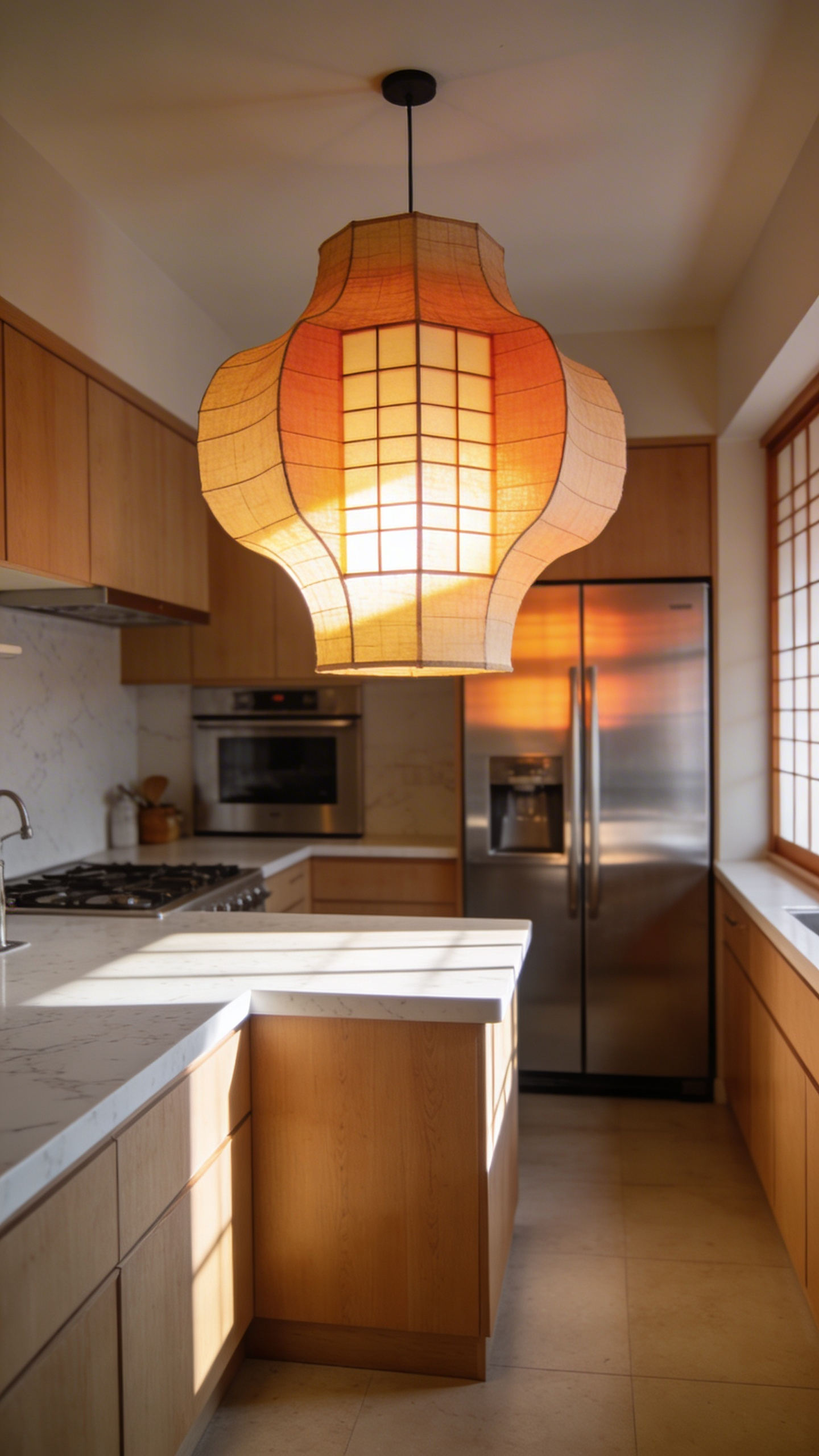 A small modern kitchen interior featuring a large sculptural Washi paper pendant lamp providing soft diffused lighting over white countertops.