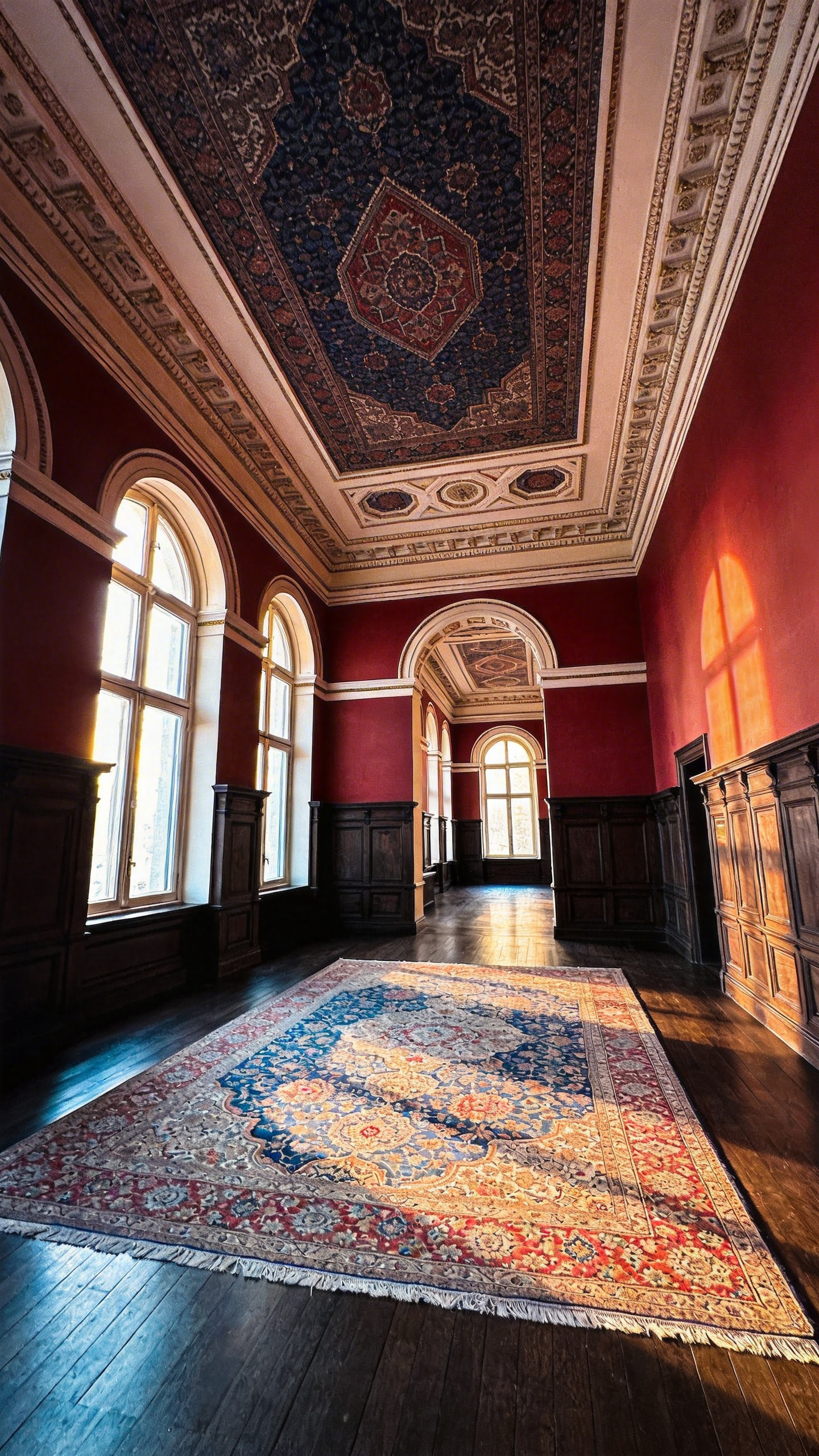 A grand living room featuring a long antique Persian rug on dark wood flooring under an ornate plastered ceiling.