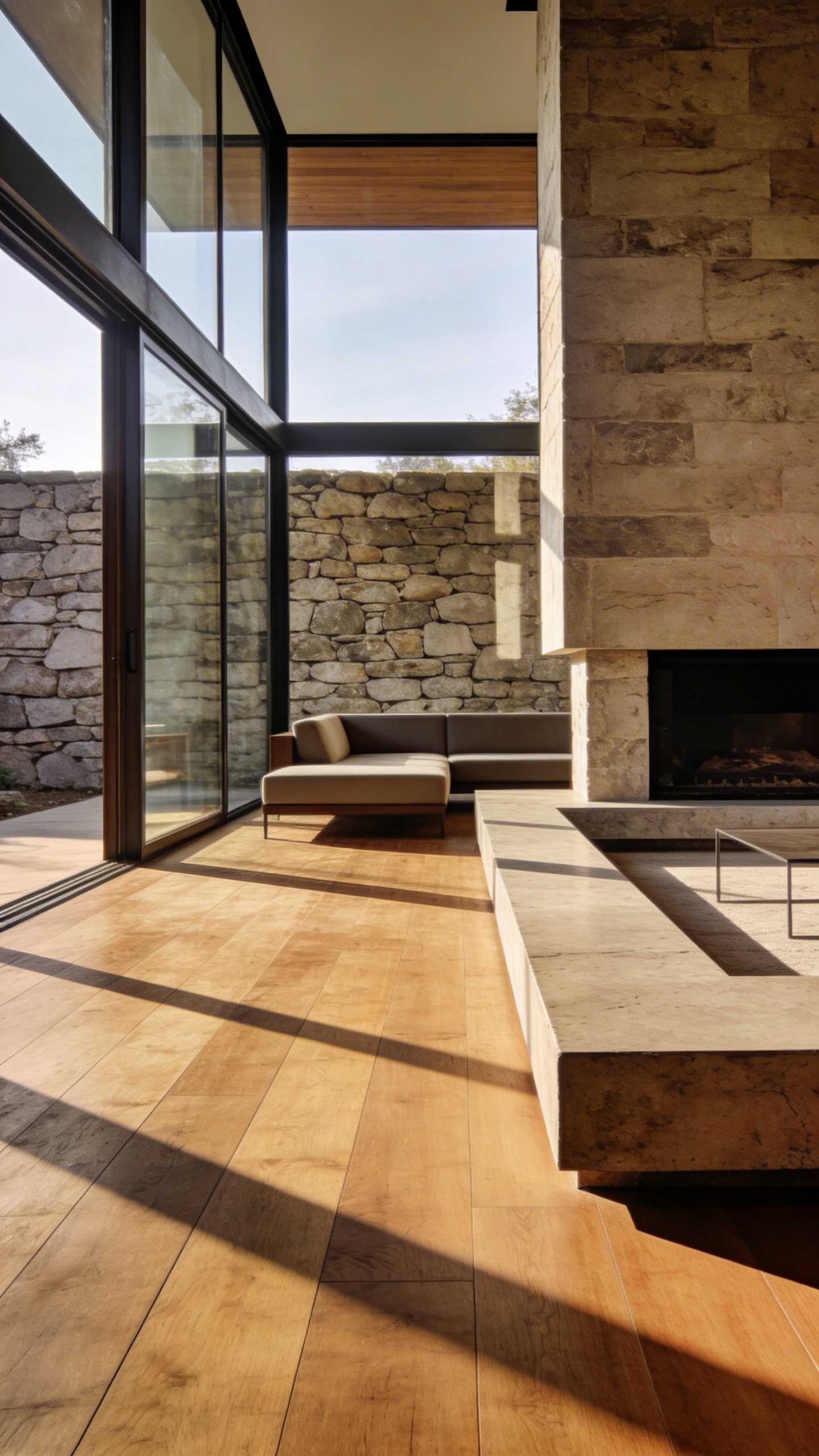 A spacious modern living room with premium solid oak flooring integrated into the architectural structure featuring floor-to-ceiling windows and natural sunlight.