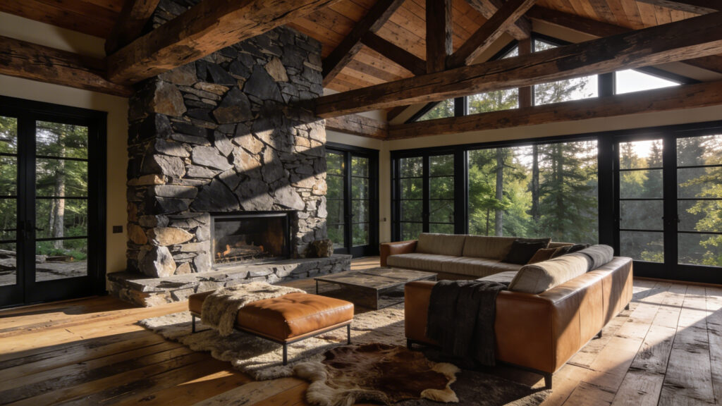 A high-end rustic living room featuring massive exposed wood beams, a large stone fireplace, and views of a forest through large windows.
