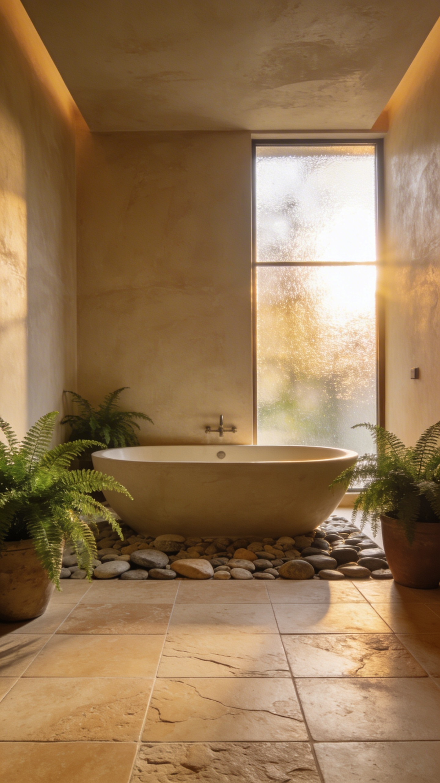 High-end bathroom interior featuring warm-toned textured floor tiles and a stone soaking tub in a sunlit sanctuary setting.