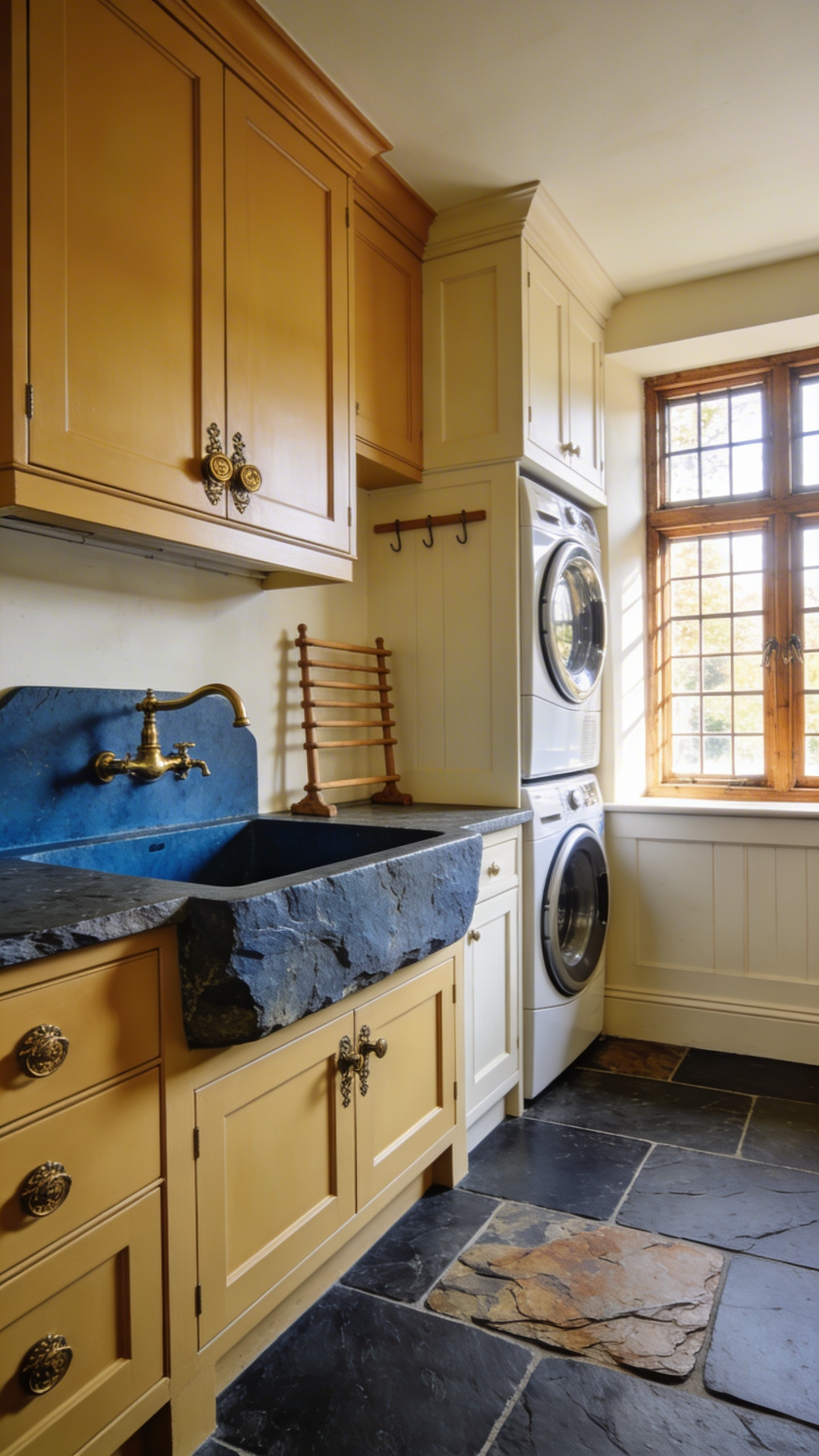 A traditional laundry room featuring clotted cream cabinets and a dark slate blue stone sink in an English scullery design.