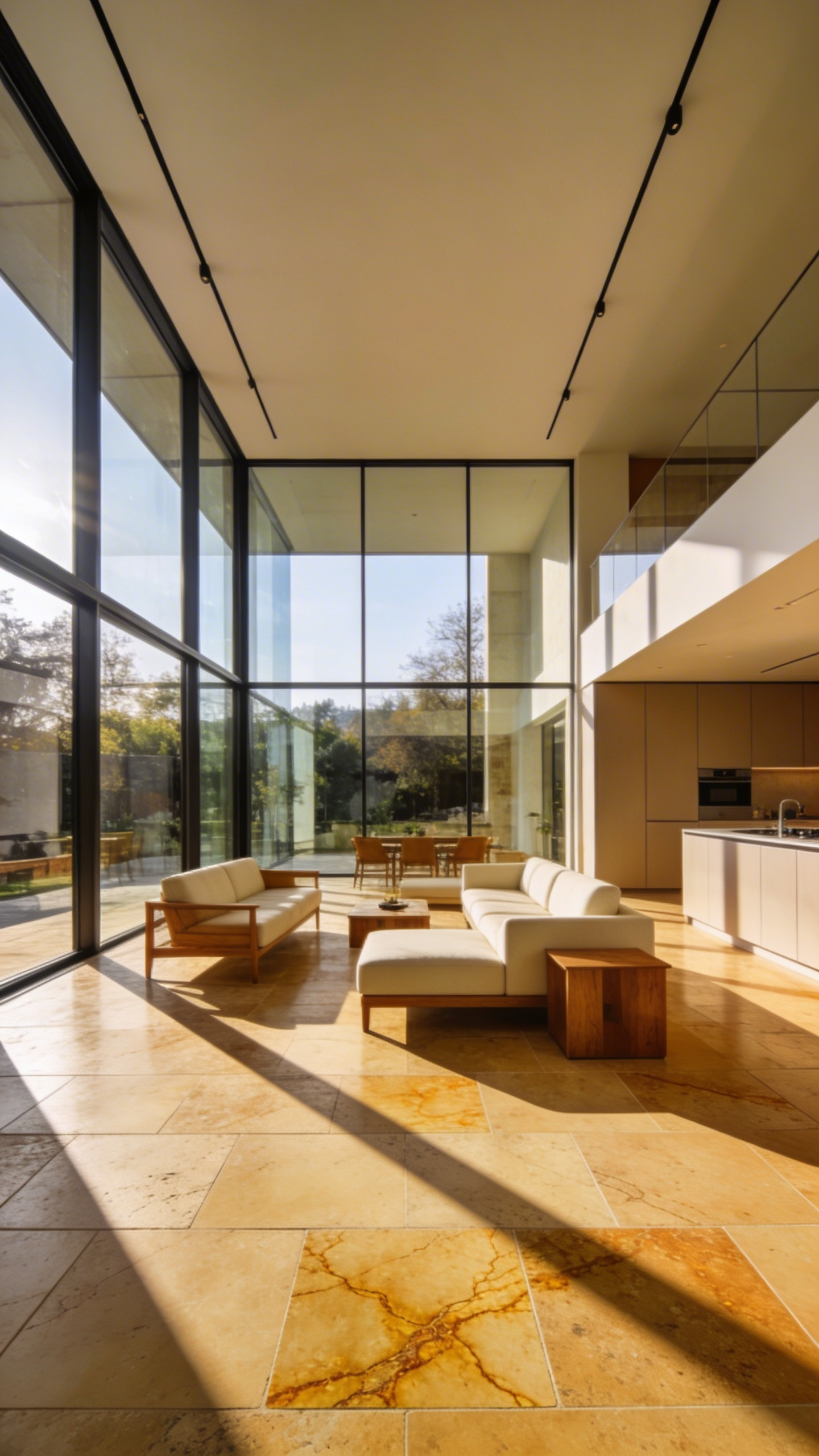 A modern open-plan living room with large honey-gold limestone floor tiles and sunlight streaming through large windows.