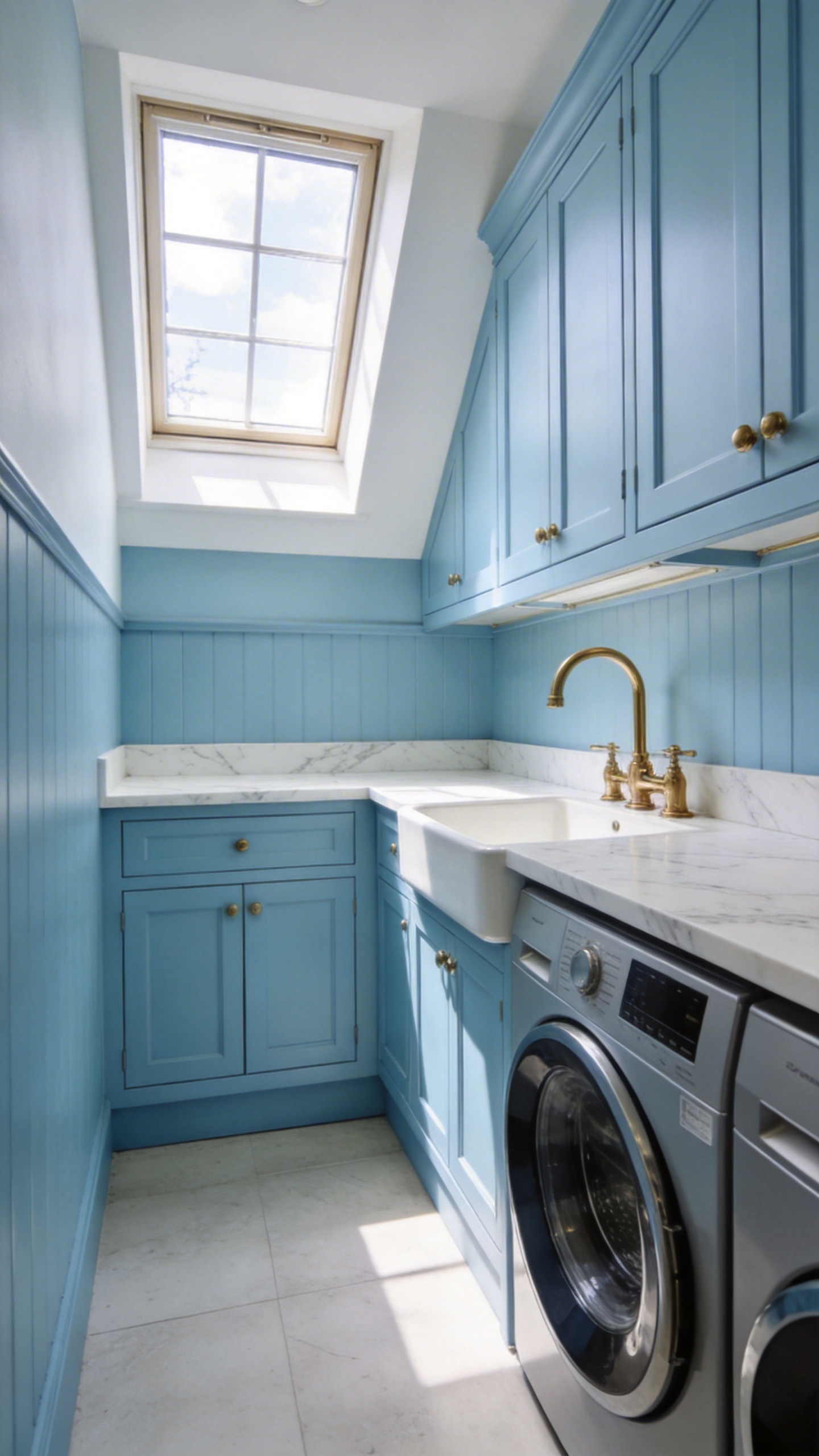 A compact laundry room with duck egg blue cabinets and white marble countertops designed to look spacious and airy.