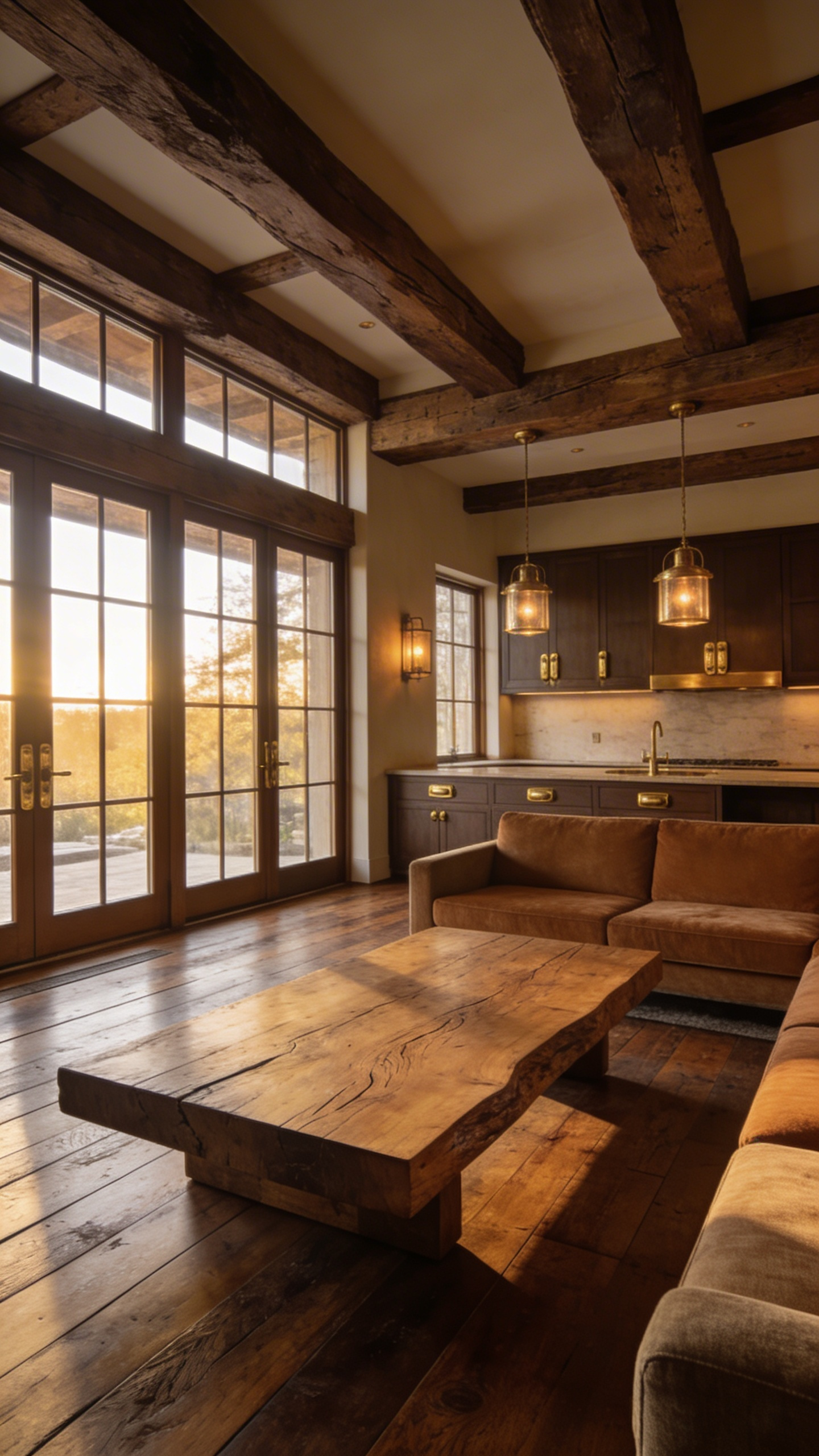A timeless rustic living room with aged oak flooring, timber beams, and unlacquered brass accents illuminated by warm sunlight.